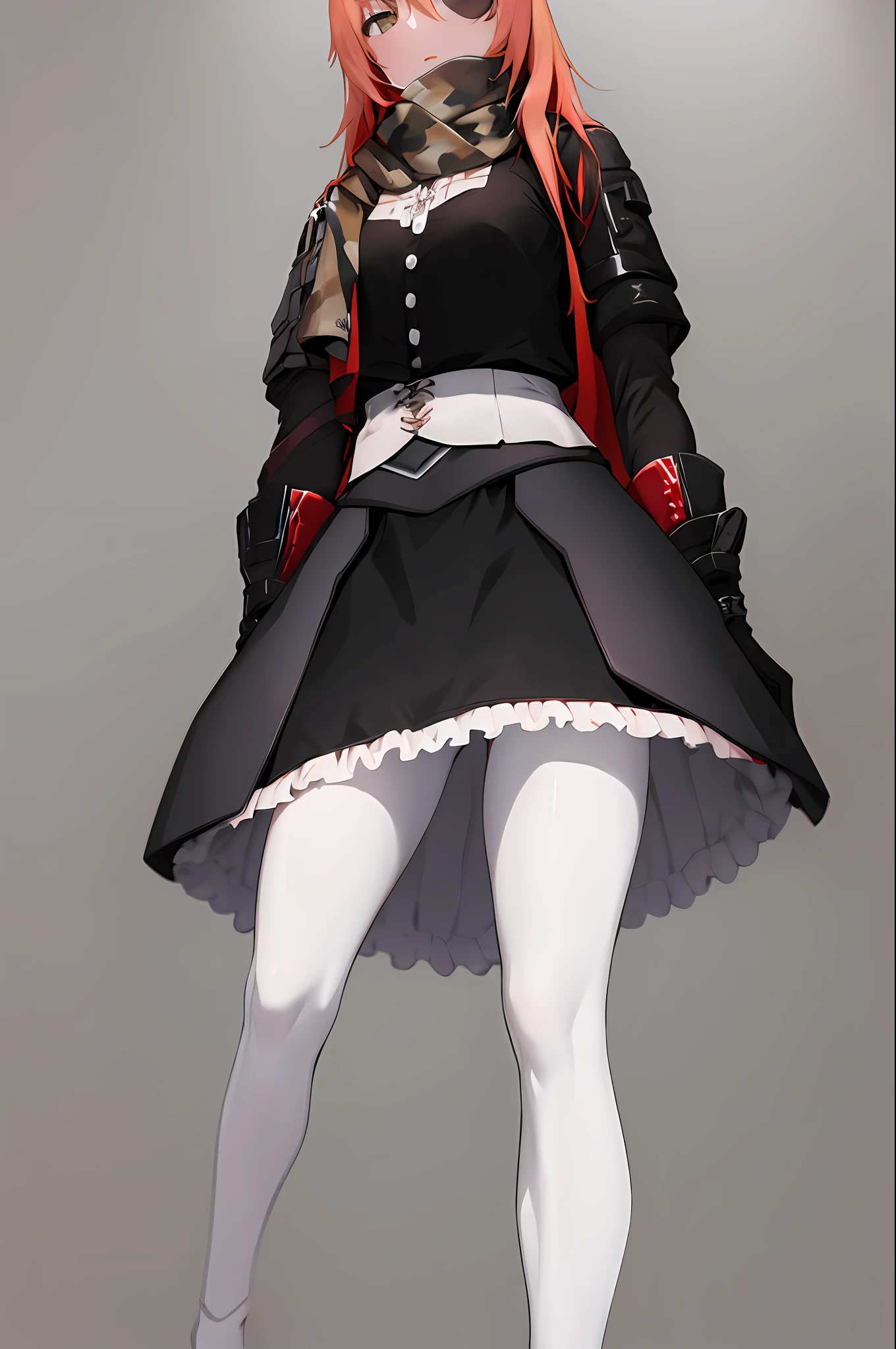 master part, best quality, Altas, BBFNG, cabelos longos, seios grandes, curativo sobre um olho, Casaco Preto, Casaco nos ombros, Uniforme militar, jaqueta vermelha, mangas compridas, luvas brancas, belt, saia plissada, black skirt, white pantyhose, folded arms,