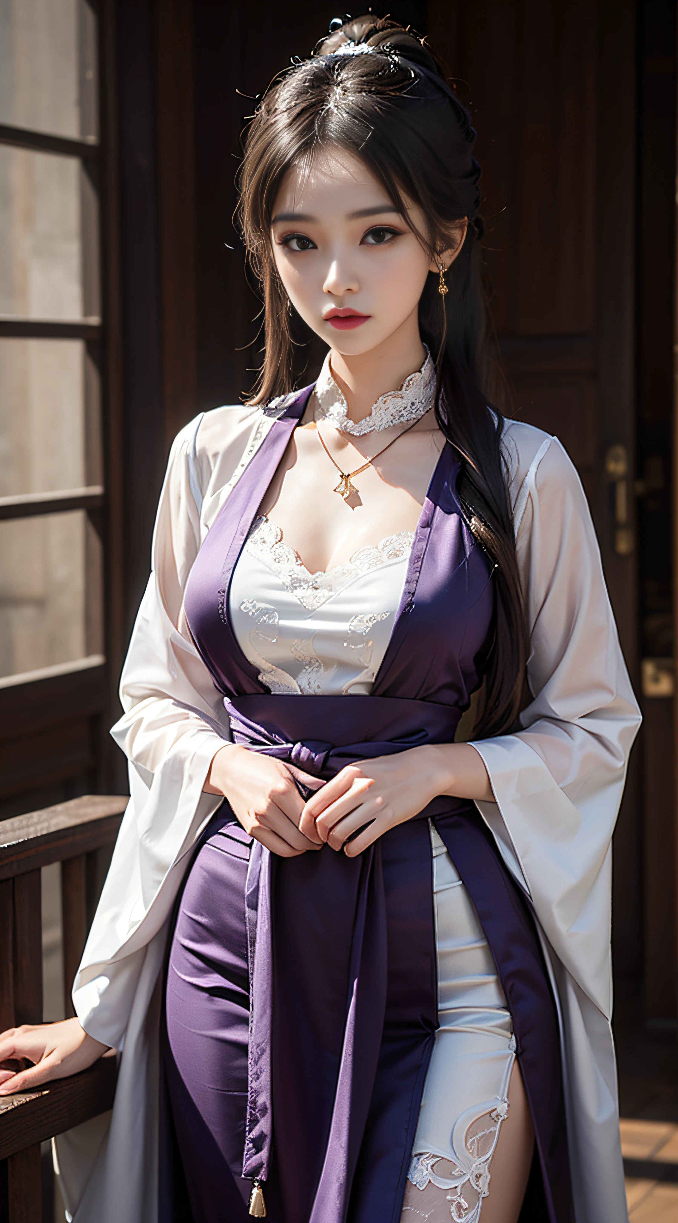 1 beautiful girl in Han costume, Thin purple silk shirt，white colors，The texture is diverse, white lace top, long platinum purple ponytail, hair adornments, ear jewelry,  necklace and necklace, meticulously drawn large purple eyes, meticulous makeup, Thin eyebrows, High nose, lovely red lips, Without smiling, pursed lips, rosycheeks, Wide breasts, Big breasts , well-proportioned bust, Slim waist, purple mesh socks, chinese hanfu style, fictitious art textures, vivid and realistic colors, RAW photos, Realistic photos, ultra high quality 8k surreal photos, (effective fantasy light effect: 1.8), 10x pixel, Magical effect (Background): 1.8), hyper detail eyes, girl body portrait, ancient hanfu background,
