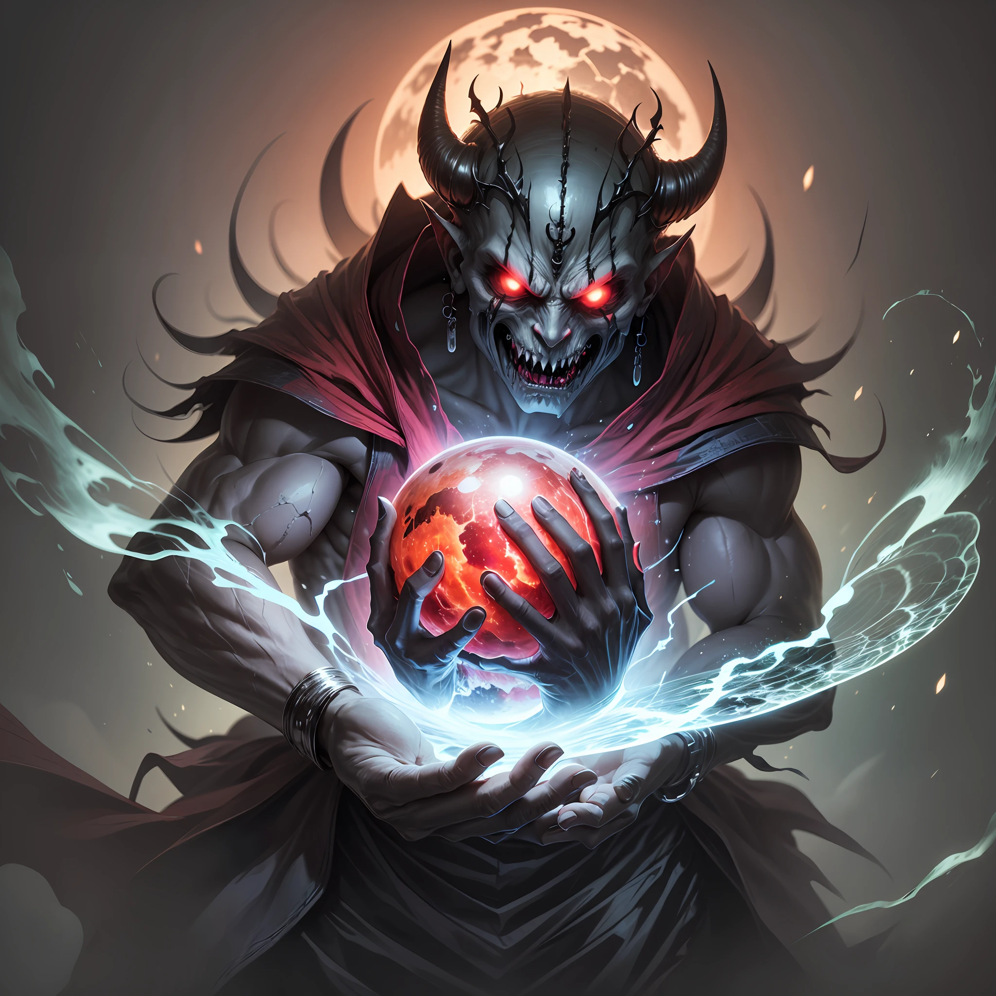 scary devil holding the Earth with his fingers, creepy, glow red eyes --auto --s2