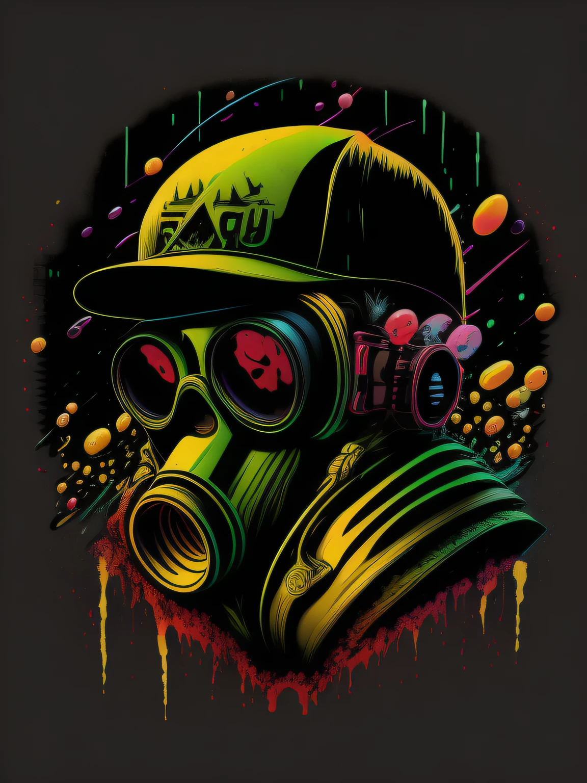Pixador skeleton with gas mask and cap, splash, spray, faixas, anos 80, imagem vetorial, design de camiseta, isolado, fundo preto, illustration ,usar somente cores verde amarelo e vermelho, with neon glasses highlighted
