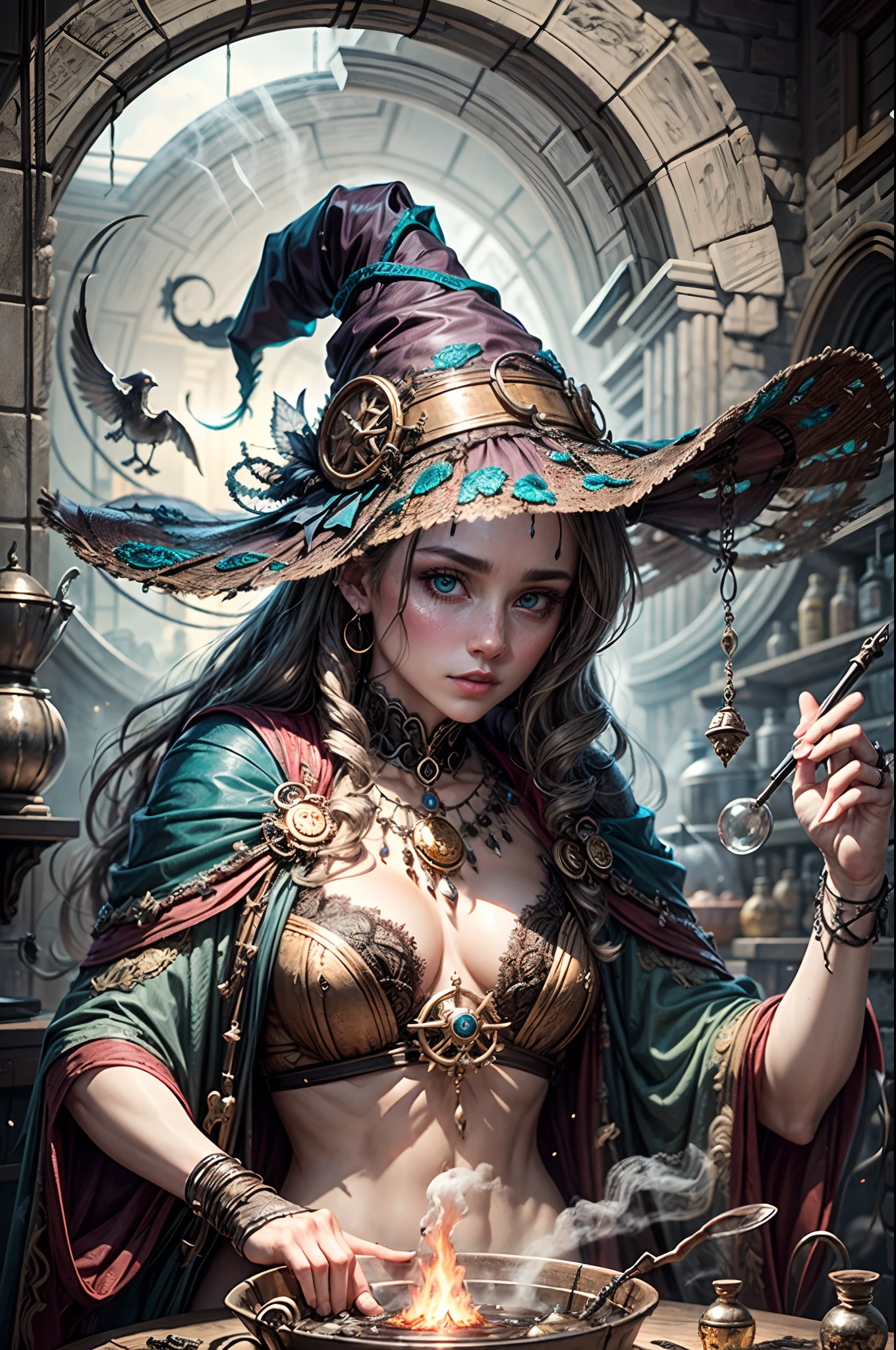 Close up, upper body, detailed face and eyes, detailed outfit, hand behind back,super fine hand,a beautiful witch in her alchemist room, BREAK working on her project with a steaming cauldron filled with green glowing smoke, against the backdrop of a fantasy night with a full moon and a view from the window, dressed in a traditional witch outfit,BREAK,Detailed,Realistic,4k highly detailed digital art,octane render, bioluminescent, BREAK 8K resolution concept art, realism,by Mappa studios,masterpiece,best quality,official art,illustration,ligne claire,(cool_color),perfect composition,absurdres, fantasy,focused,rule of third