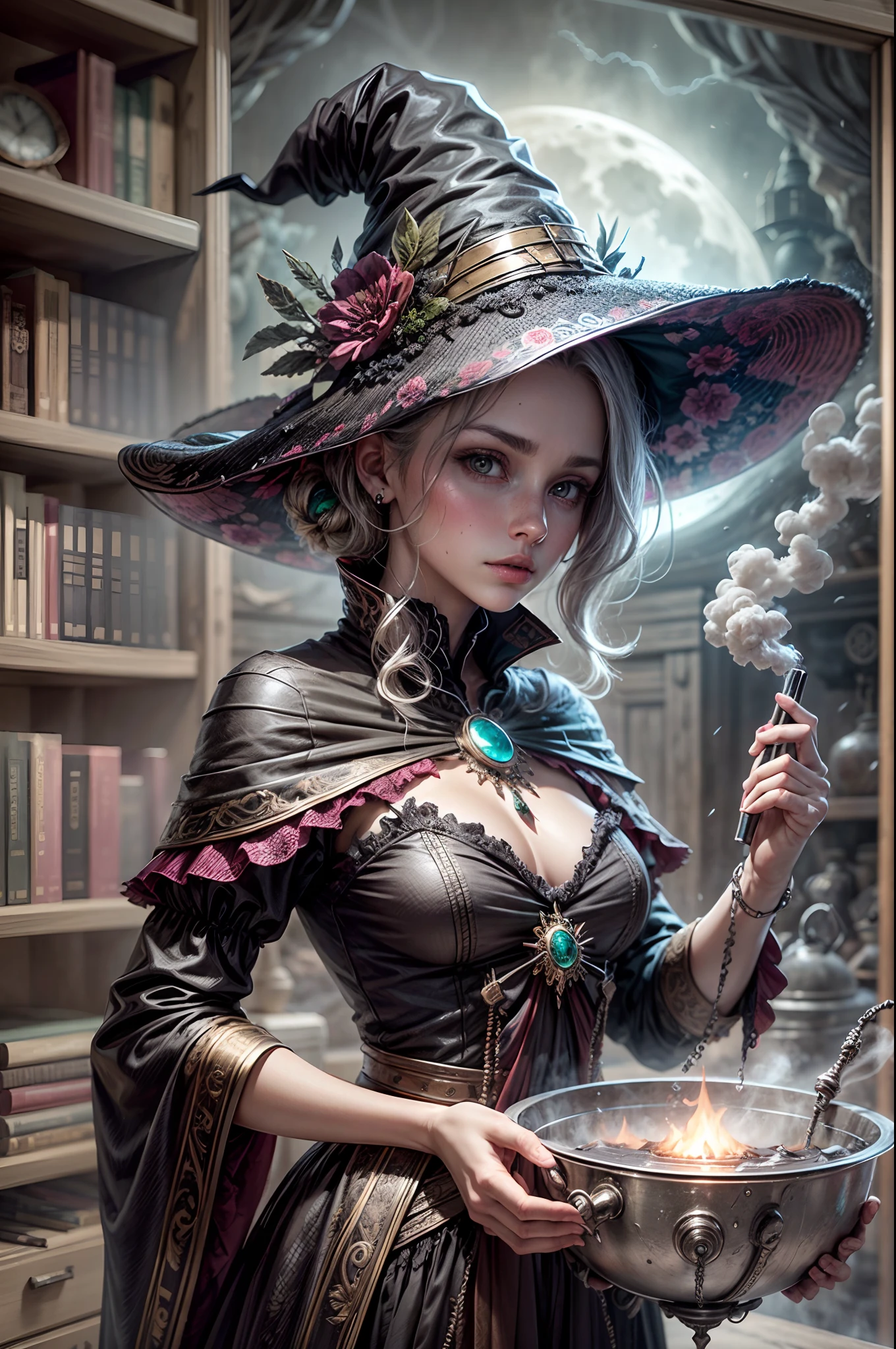Close up, upper body, detailed face and eyes, detailed outfit, hand behind back,super fine hand,a beautiful witch in her alchemist room, BREAK working on her project with a steaming cauldron filled with green glowing smoke, against the backdrop of a fantasy night with a full moon and a view from the window, dressed in a traditional witch outfit,BREAK,Detailed,Realistic,4k highly detailed digital art,octane render, bioluminescent, BREAK 8K resolution concept art, realism,by Mappa studios,masterpiece,best quality,official art,illustration,ligne claire,(cool_color),perfect composition,absurdres, fantasy,focused,rule of third