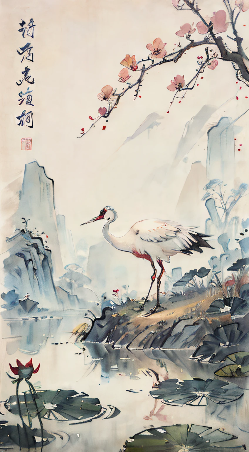 White crane painting in lotus pond, Chinese brush illustration, Chinese painting style, Chinese traditional painting, Chinese traditional ink painting, Chinese style painting, Chinese watercolor style, Chinese ink painting, beautiful artwork illustration, inspired by Xiao Yuncong, Chinese traditional art, Chinese painting, Zhongyuan Festival, inspired by Wang Yuanqi