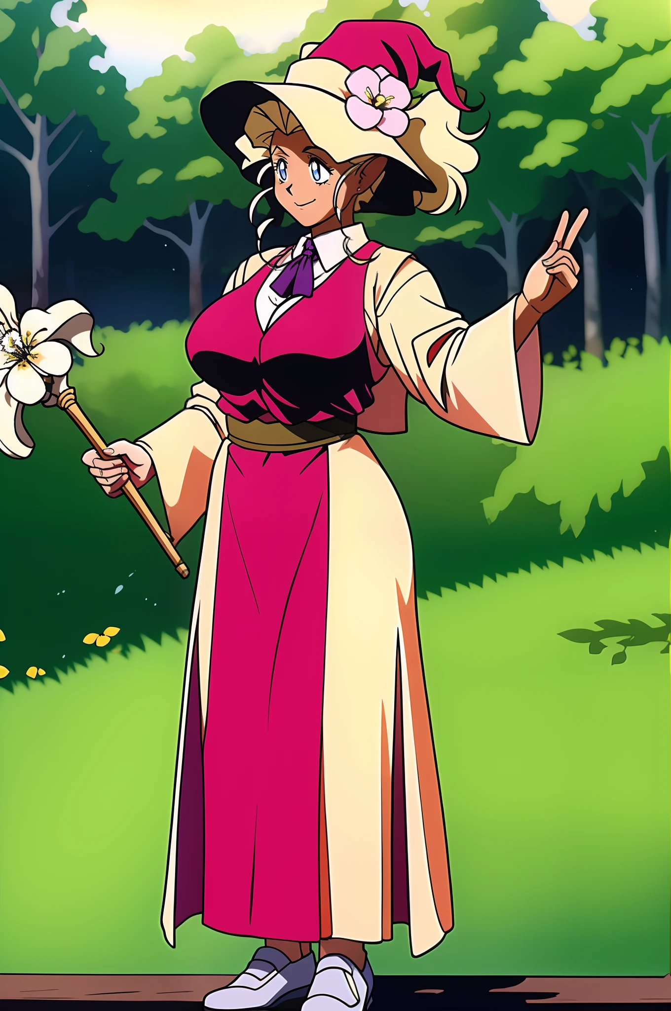 masterpiece, 1girl, kuramitsu mihoshi, full body,long dress, flowers, cute, outside, trees, forest, wizard, hat, big breast,closed long skirt, large closed skirt, staff holding,smile, raita style, wizard, vest, holding staff