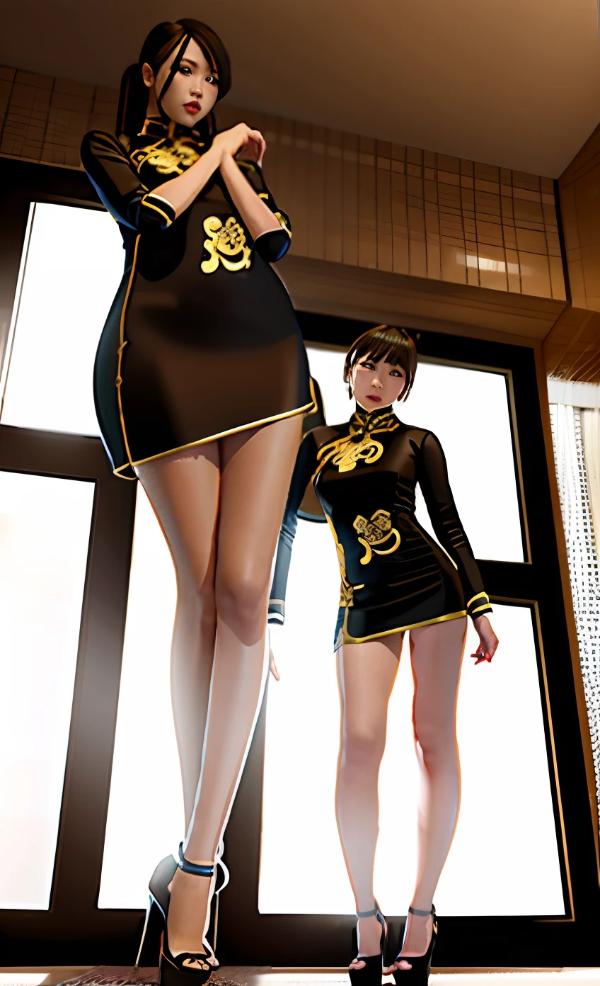 There was a woman standing next to a man in the room, highly detailed giantess shot, giantess art, Tall and slender, extremely detailed giantess shot, detailed legs towering over you, massive legs towering over you, Giantess, very tall and slender, giantess shot, She is tall, tall and small, 8 k sensual lighting,The giantess wears a cheongsam,highest quality,exquisitedetails,Perfect legs