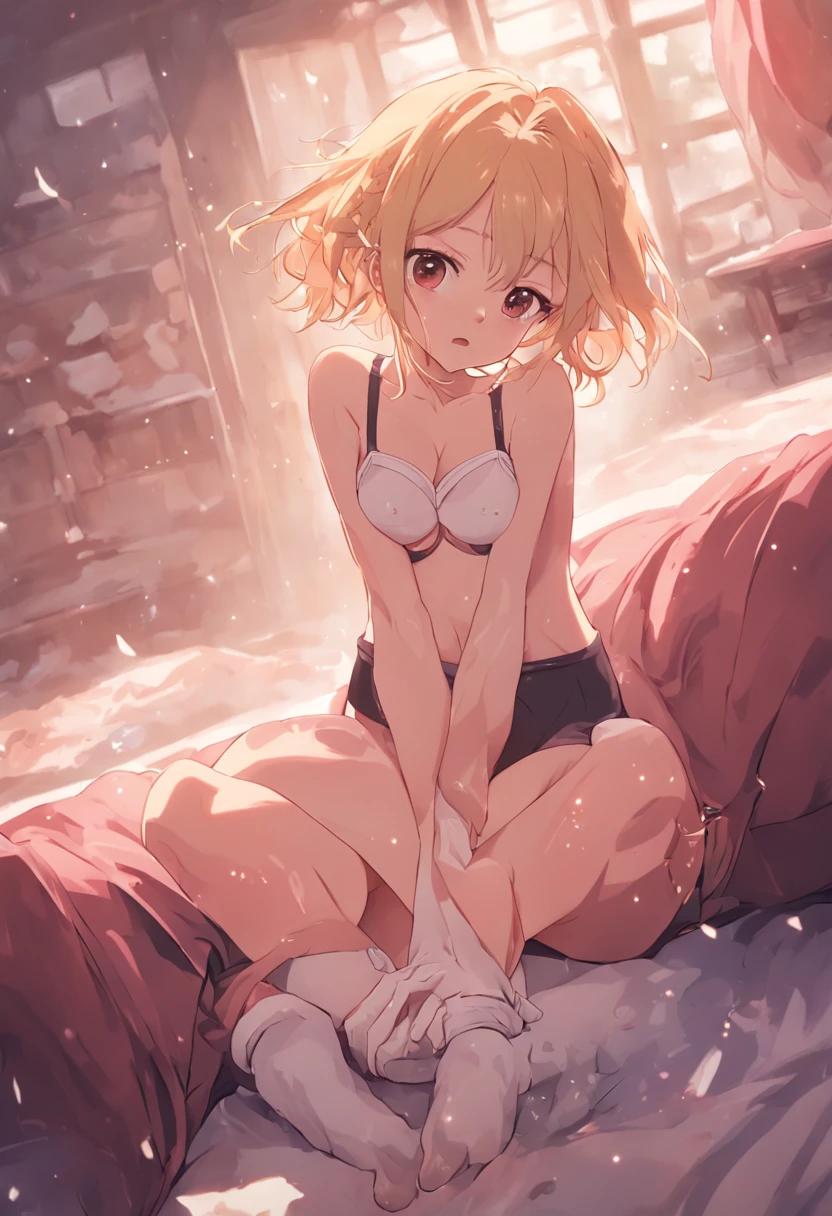 slip bra,Cute ,style of anime,Smooth white bubble socks,Exposing bra,Reveal tender belly,Poor milk,Show little feet,Expose the soles of your feet,is shy,Sell moe,2girls,a bed,pillow head,