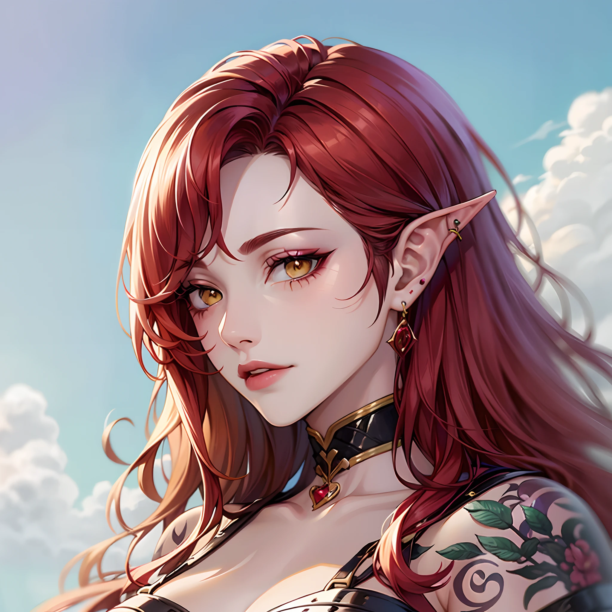 portraite of a, Redhead, Yellow-white eyes, hairlong, redhead hair, Wavy Hair, without bangs, open forehead, earrings in the ears, whitebackground, The sky, to the chest, Potrupea, Top White, tattoo on tele, Sexy look, Elven pointed ears.