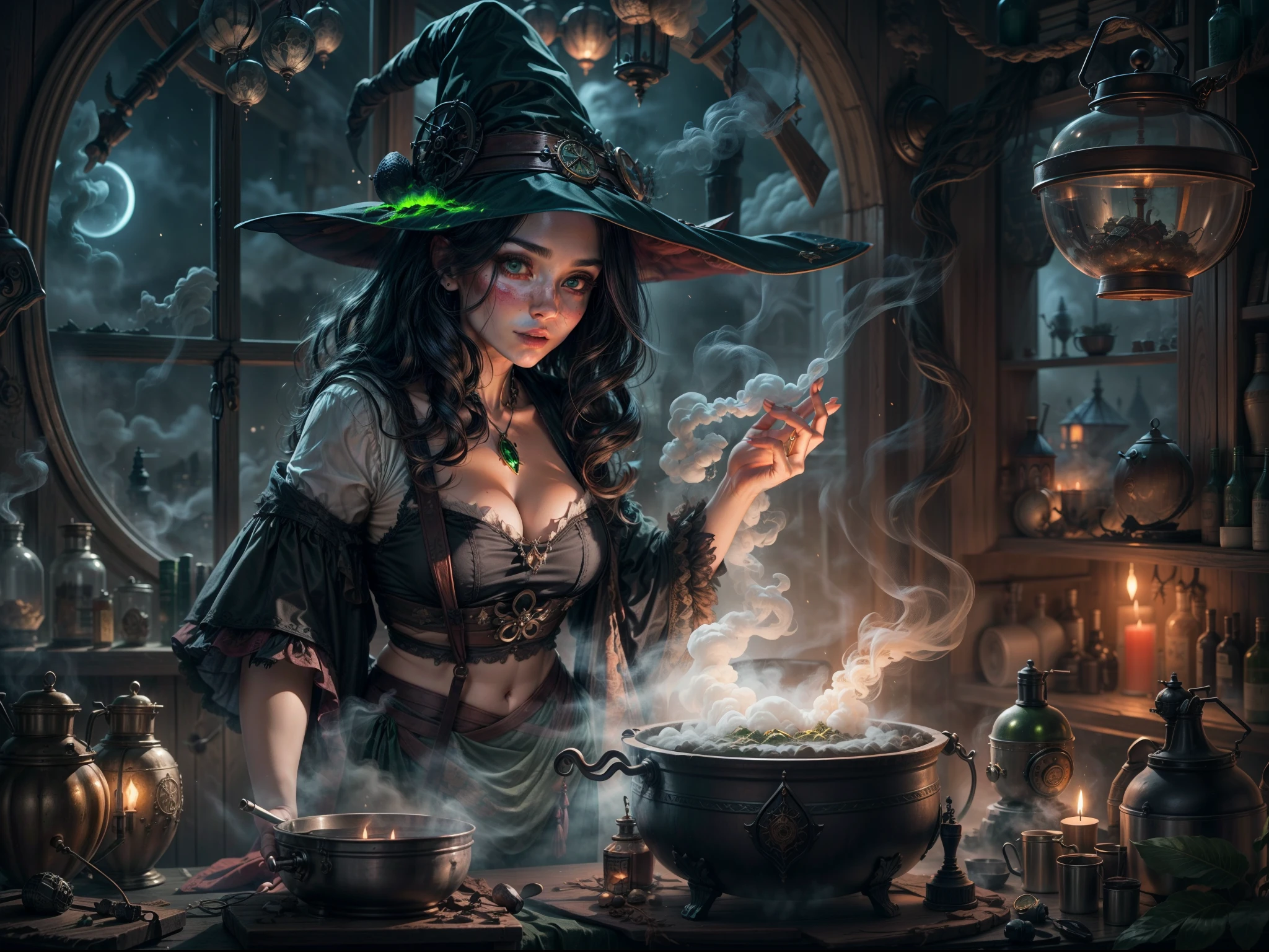 Close up, upper body, detailed face and eyes, detailed outfit, hand behind back,a beautiful witch in her alchemist room, working on her project with a steaming cauldron filled with green glowing smoke, against the backdrop of a fantasy night with a full moon and a view from the window, dressed in a traditional witch outfit.