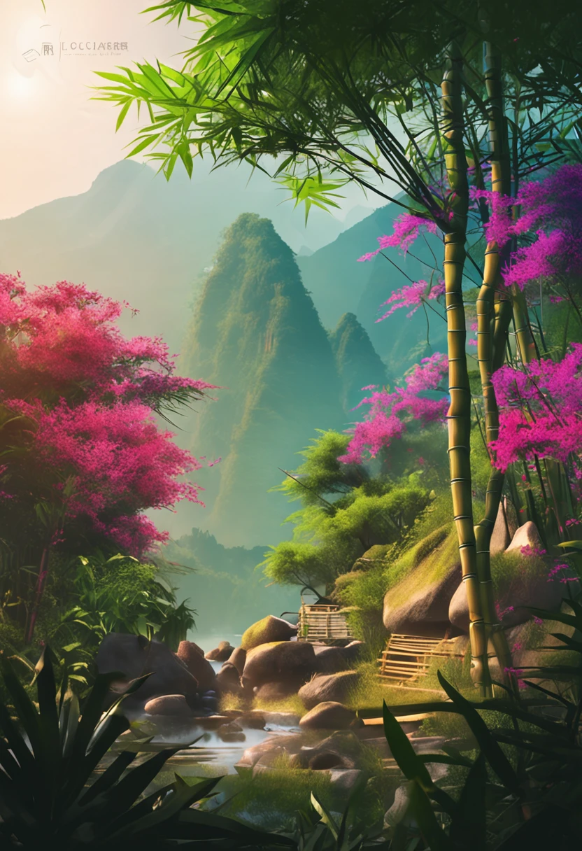 A bamboo forest with bamboo shoots，The background is a landscape painting，There are mountains, there are waters, there are villages