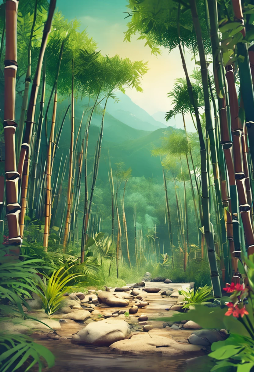 A bamboo forest with bamboo shoots，The background is a landscape painting，There are mountains, there are waters, there are villages