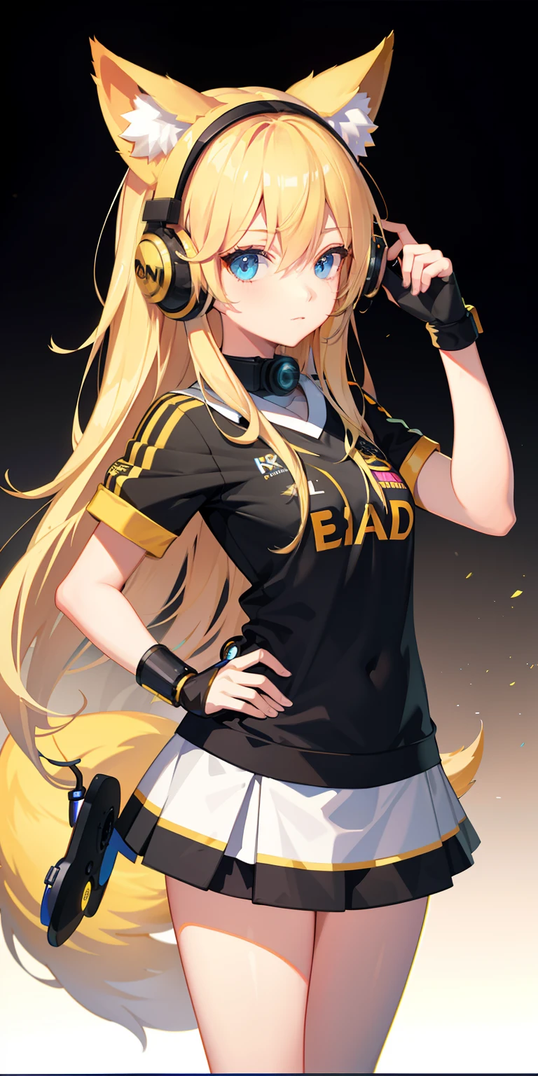 blond hairbl,headset on head,Esports girls,The eyes are the same size,Has fox ears,The two-dimensional loli of Fox Tail,Handheld game consoles