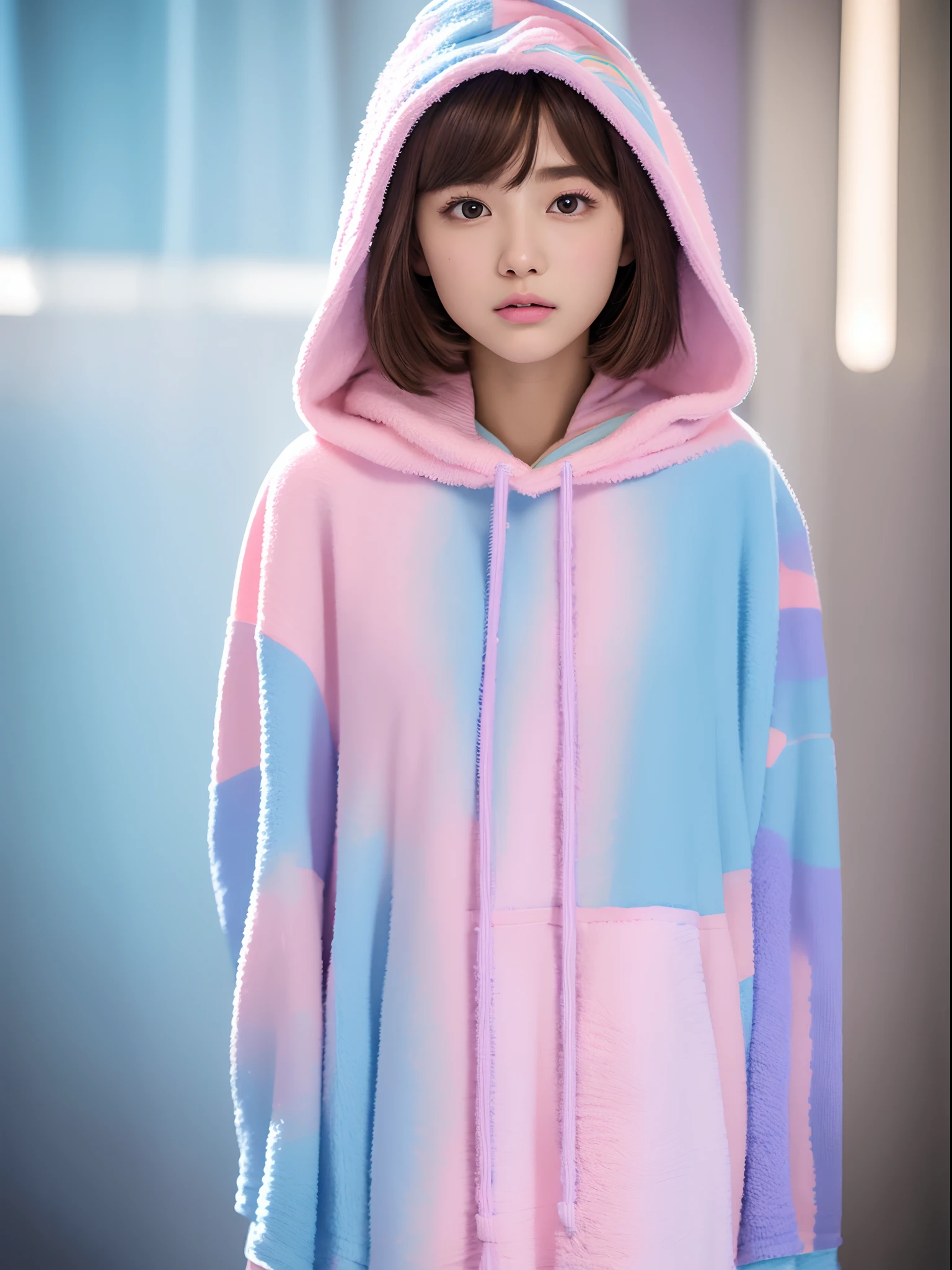 the Extremely Detailed CG Unity 8K Wallpapers、top-quality、ultra-detailliert、​masterpiece、studio shoot、Full body portrait、(Pink and light blue lavender multicolor hoodie, Towel fabric:1.4), realisitic、Behind the photo、large full breasts、realisitic、Photo Real、extremely detailed cute girl、独奏、、sleepy expression, on the beds, Brown hair, Long bob cut, dishevled hair, Floating hair、Sleeping habits、out of focus、blur、