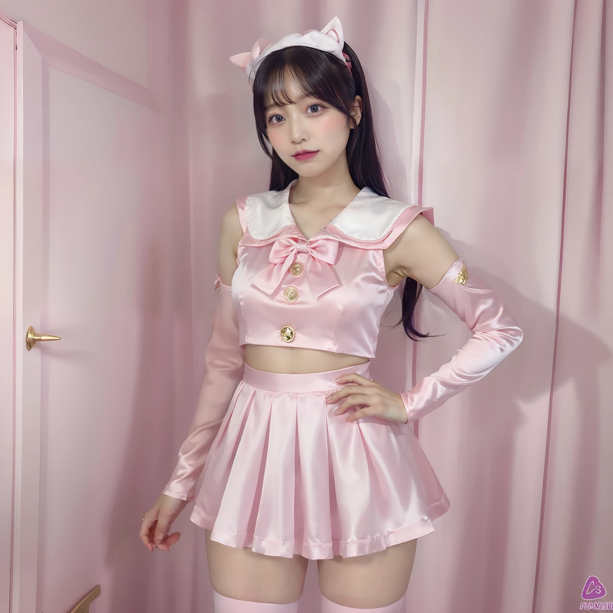 a closeup, masterpiece, top-quality, FULL ANATOMY、Raw foto, Photorealsitic、(Cute little face:1.6)、(Very cute smile:1.7)、(with round face:1.8)、(She has a cute face like an idol:1.5), A dark-haired、(Tokusatsu Pink、Pink Ranger:1.8), depth of fields, hight resolution, ultra-detailliert, finely detail, ighly detailed, extremely detailed eye and face, Realistic pupils, foco nítido, Cinematic lighting、20-year-old woman、(One lady、独奏)、bob cuts、Curly hair、Very detailed 8k wallpaper、(very very short skirt、Panties are visible from the skirt:1.7)、Show me your whole body、(Plump panties:1.3)、Cute panties in light colors、White Sox、is standing、Angle from below、(Thigh close-up、fishnet tights:1.3)、(Nice figure、big breasts thin waist、Kubire、Clothes with emphasized chest bulge、Colossal tits:1.4)、depth of fields、Bokeh in the background