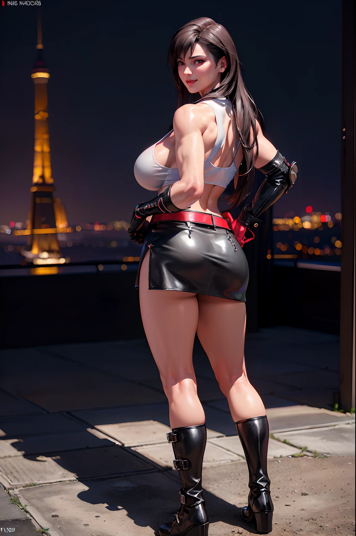 (8k, best quality, masterpiece:1.2), (realistic, photo-realistic:1.37), ultra-detailed, 1 girl,cute, solo, (tifa lockhart), (huge breasts:1.5),(beautiful detailed eyes), (smile:1.2), (closed mouth), erotic pose, plain colour background, good composition, Final Fantasy VII, (white tank top, low cut top, cleavage:1.3), (black leather mini skirt with belt:1.3) (red gloves and boots) (full body:1.5), head rest, lips, pretty face, low-tied long hair, ((red_eyes:1.3)), (night:1.2), intricate, bokeh, cinematic lighting, photon mapping, radiosity, physically-based rendering, (Tetsuya Nomura style), nsfw, perfect breasts (view from behind:1.5)