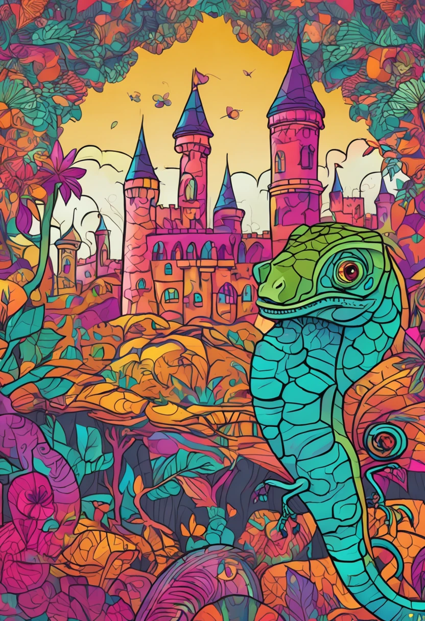Create a chameleon showing positive to the camera with a psychedelic background containing a castle, 8k para colorir