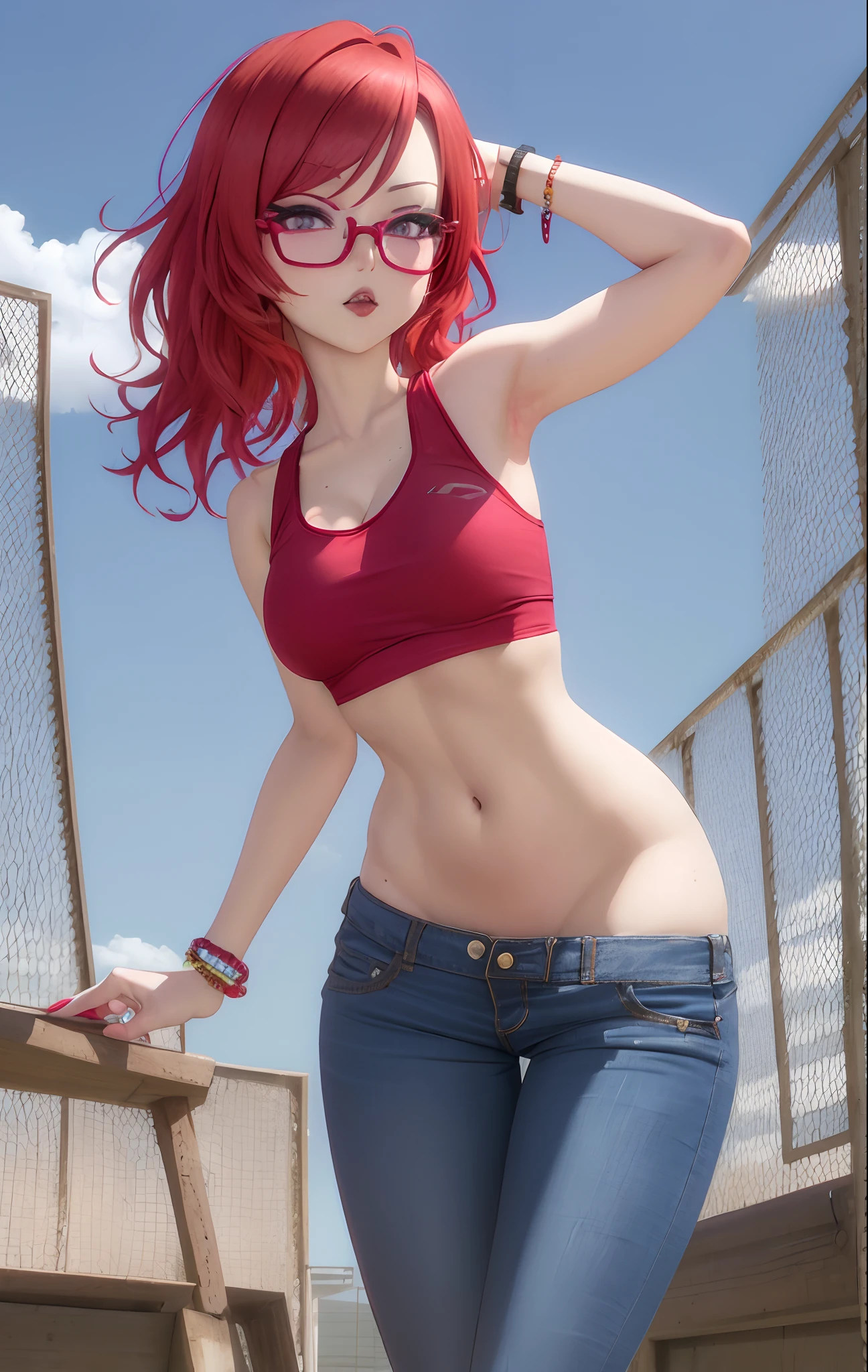 Nishikino maki, Purple eyes, red hair, lipstick,red tank top, denim pants,pantpulldown,glasses, bracelet, cleavage, cowboy shot, sexy