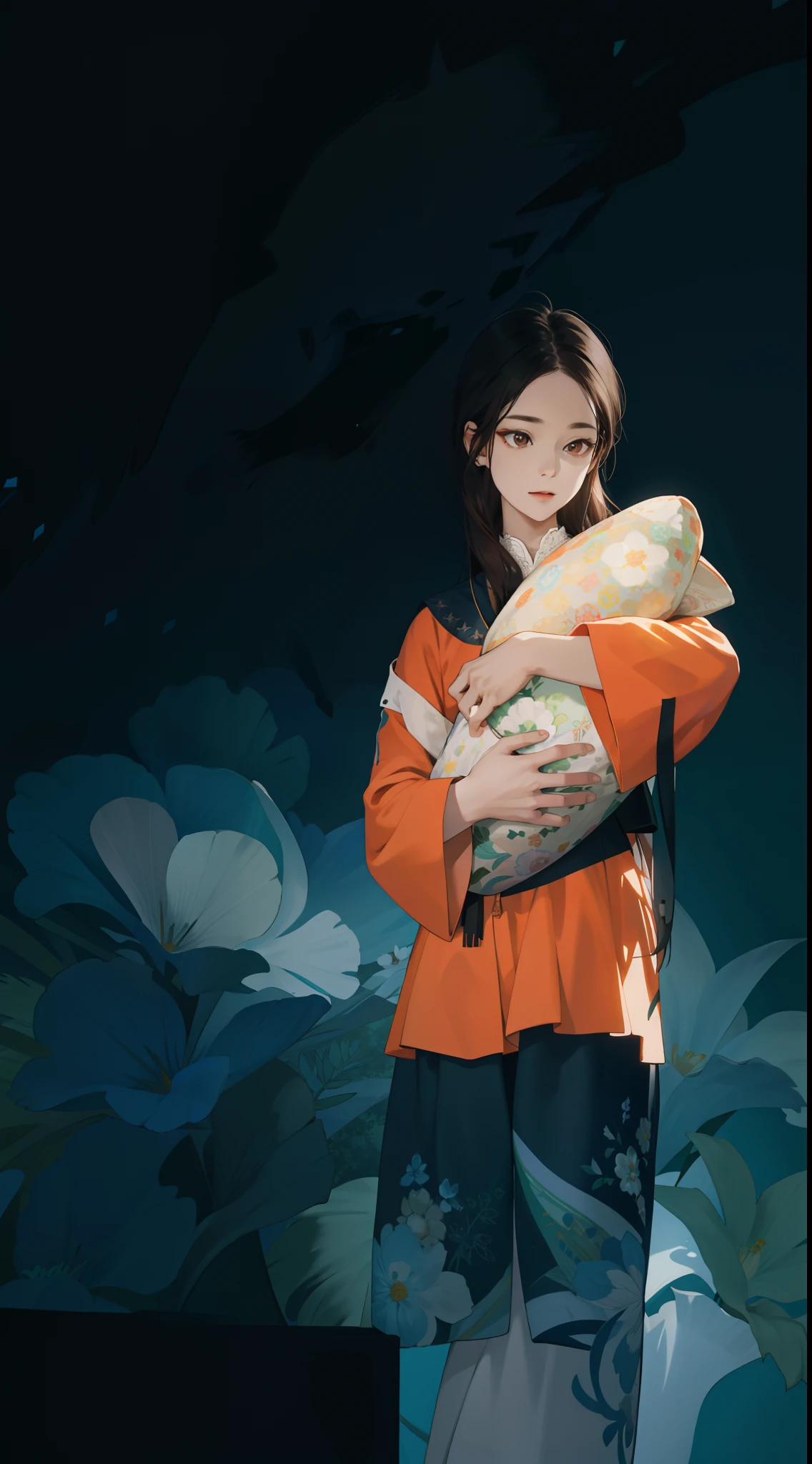 (absurderes,A high resolution,ultra detali),1gir ,length hair,bluntbangs,brown-eyed,white dresses,Fine eyes and detailed face,Extremely detailed CG unity 8k wallpaper,intricate detailes,Kaleidoscopic image、Symmetrical pattern、Vivid colors of、geometric shapes、flattering design、The art of pantomime、Silent storytelling、Visual storytelling、Vibrant garden,peaceful scenery