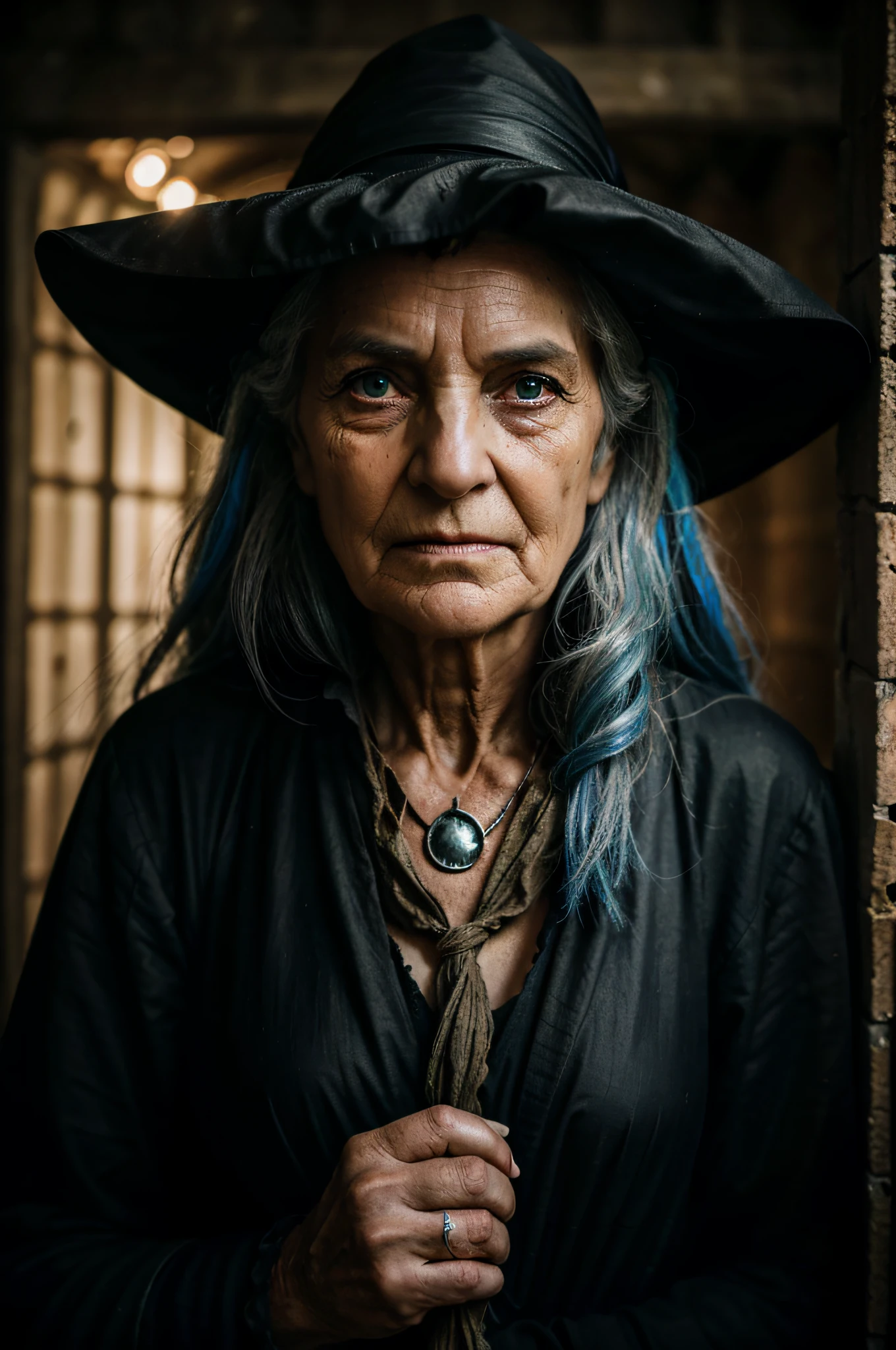 hyper realistic From Darkness to Light: Imagine photographing a battle-hardenend Old Witch has emerged from the depths of despair and trauma. Highlight their resilience, the spark of hope in their eyes, and the strength they have gained from overcoming adversity. 64k DSLR