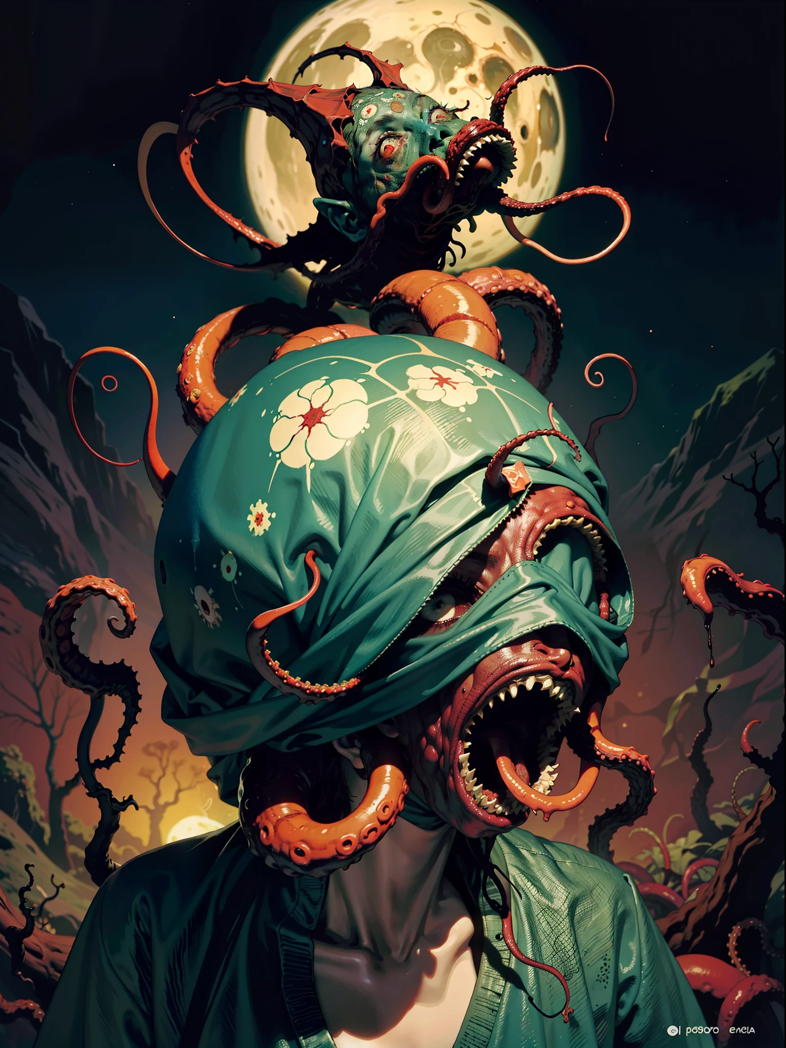 ocultistas mascarados na floresta, cosmic horror background, tentacles, humor escuro, ambiente escuro, noite, horror, sangue, genial, medo, panicking, desespero,lua cor de prata, jovem corre com medo