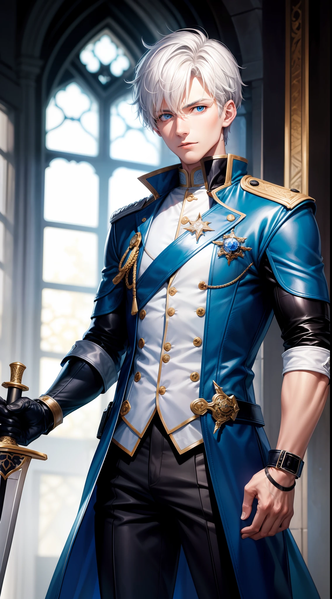Grown-up guy, short white hair, eyes with blue color, Blue leather coat, belts, circuits, breeches, two swords, Masterpiece, hiquality
