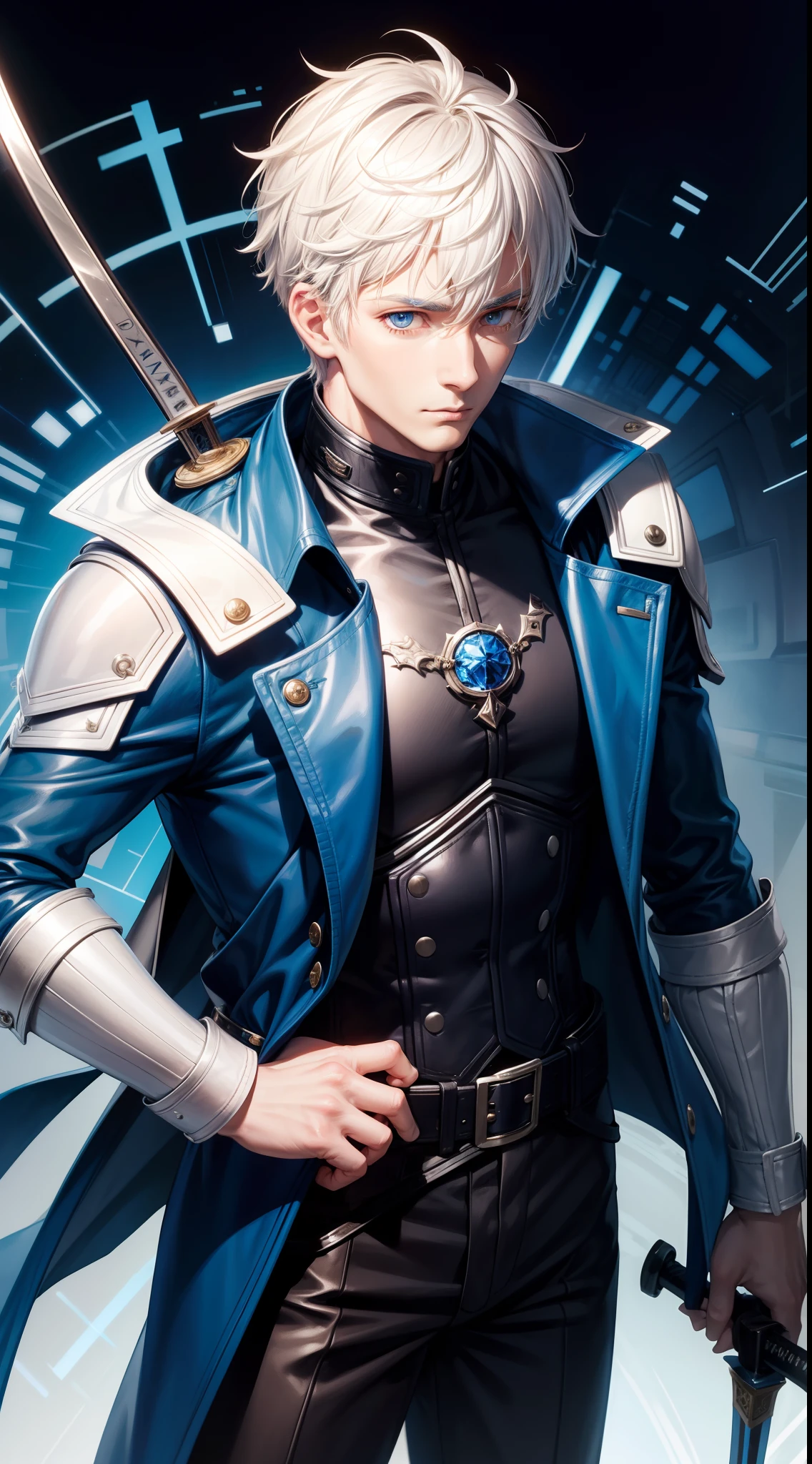 Grown-up guy, short white hair, eyes with blue color, Blue leather coat, belts, circuits, breeches, two swords, Masterpiece, hiquality