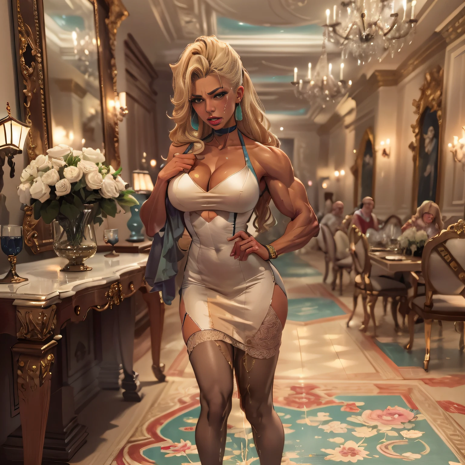 Brazilian, ganguro girl, beatiful face, correct face, Two girls, muscular legs, muscular calves, Strong legs, muscular hips, wide thighs, Curvy hips, A full body shot, high-heeled sandals, tights in a net, Stiletto heels, evening gown, large ring earrings, He really wants to pee, At the official reception, in the banquet hall, with a glass of champagne, Coming soon, wants to pee, desperately wants to pee, wants to urinate, An expression of shame on his face, confusion, Desperation on the face, crying, pinches the crotch with his hand, crumples the hem of the skirt with his hands, Knees clenched together, Tense posture, bites his lower lip, full bladder, terribly wants to go to the toilet, anatomically correct, Realistic,