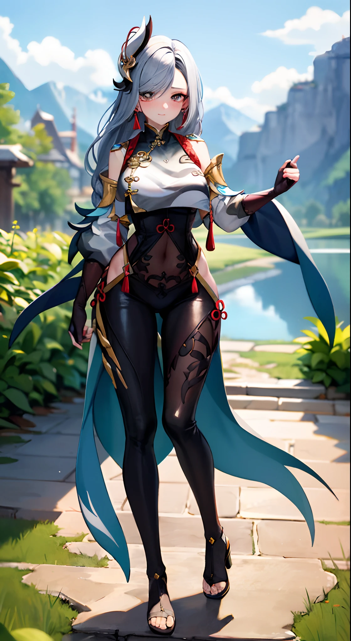 shenhedef, full body, seductive look, blush, outdoors, looking at viewer, mountain, moody lighting, (perfect detail eyes:1.2), glowing eyes, (long hair one braid:1.2). wet armpit, exposing armpit, armpit pose, (huge breasts), (Masterpiece, Best Quality, High Quality:1.4), professional artwork, Intricate Details, field of view, sharp focus, detailed painting