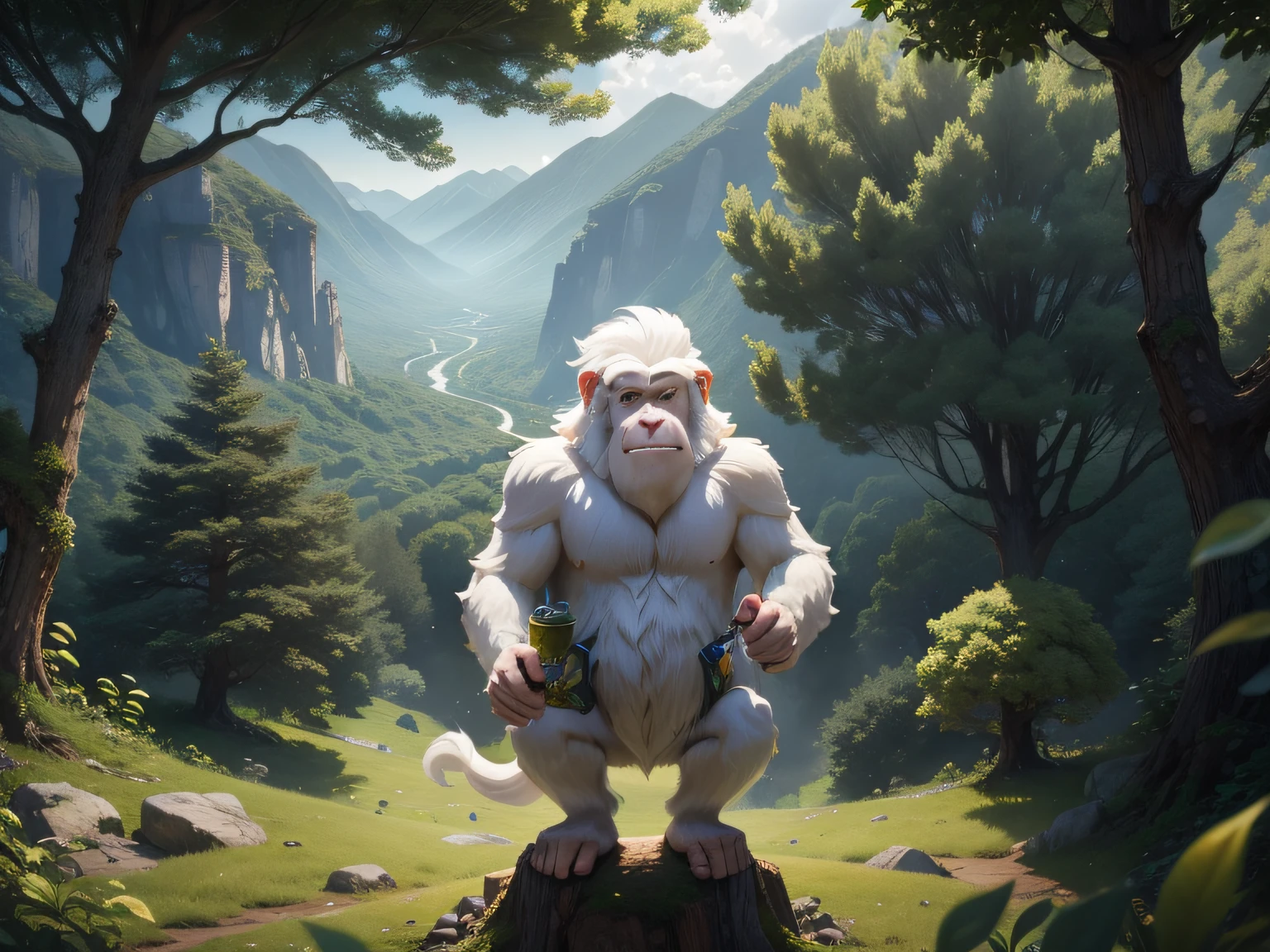 tmasterpiece,CG animation in 8K resolution,A white-haired ape in a tree,Green mountains,Fruit trees and woods,Transparent crystal,and golds,