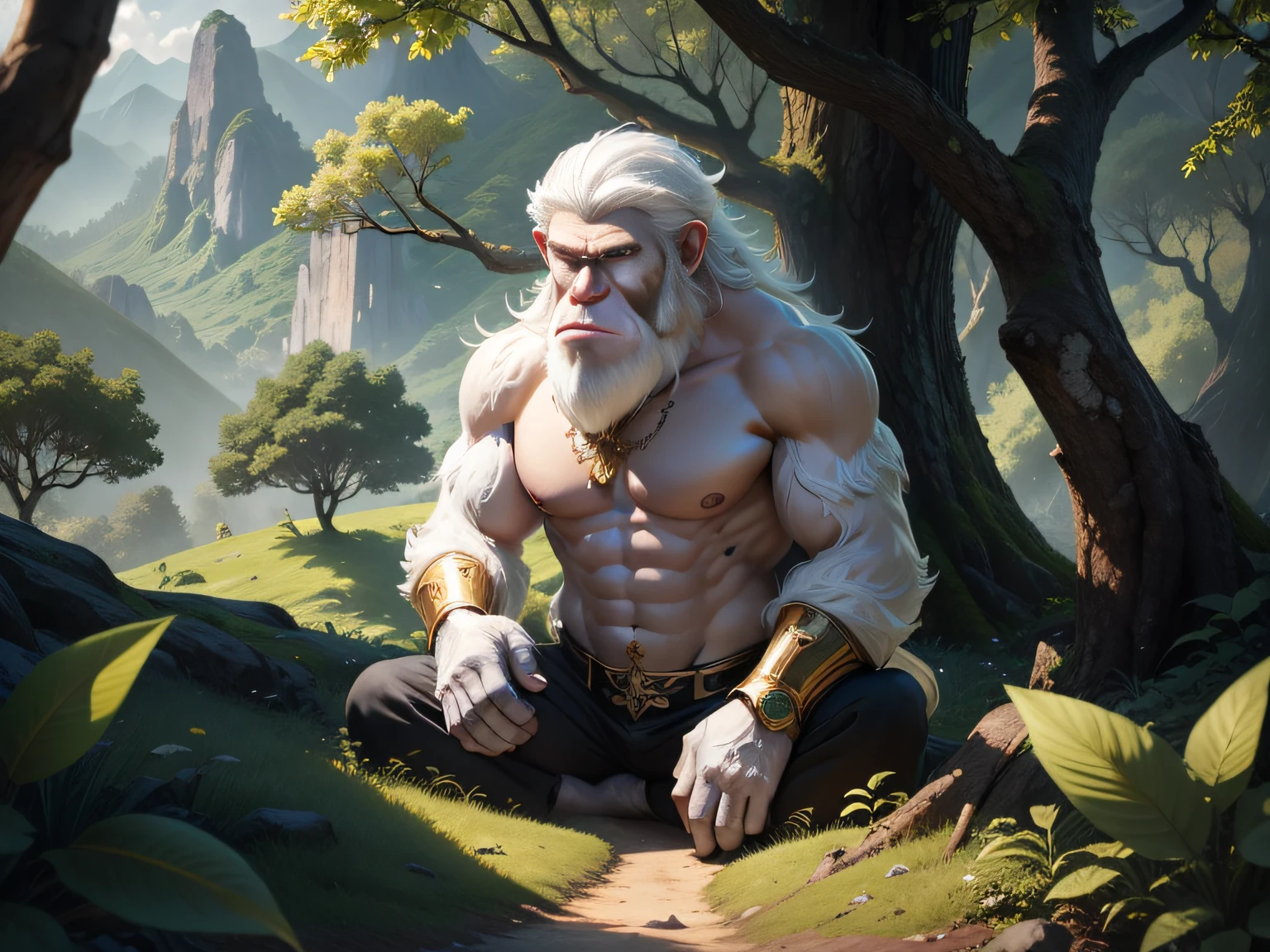 tmasterpiece,CG animation in 8K resolution,A white-haired ape in a tree,Green mountains,Fruit trees and woods,Transparent crystal,and golds,