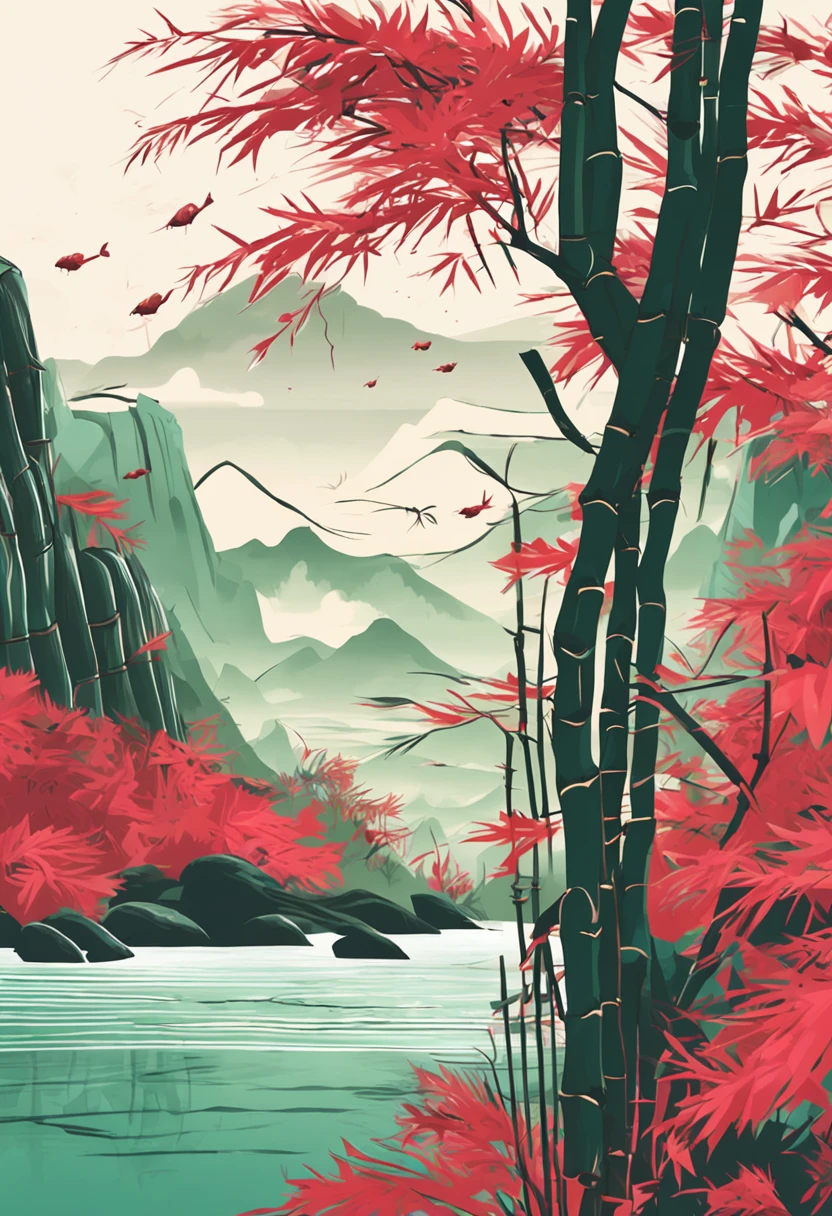 A fresh bamboo shoot,Mountains and rivers in the background,ancient wind