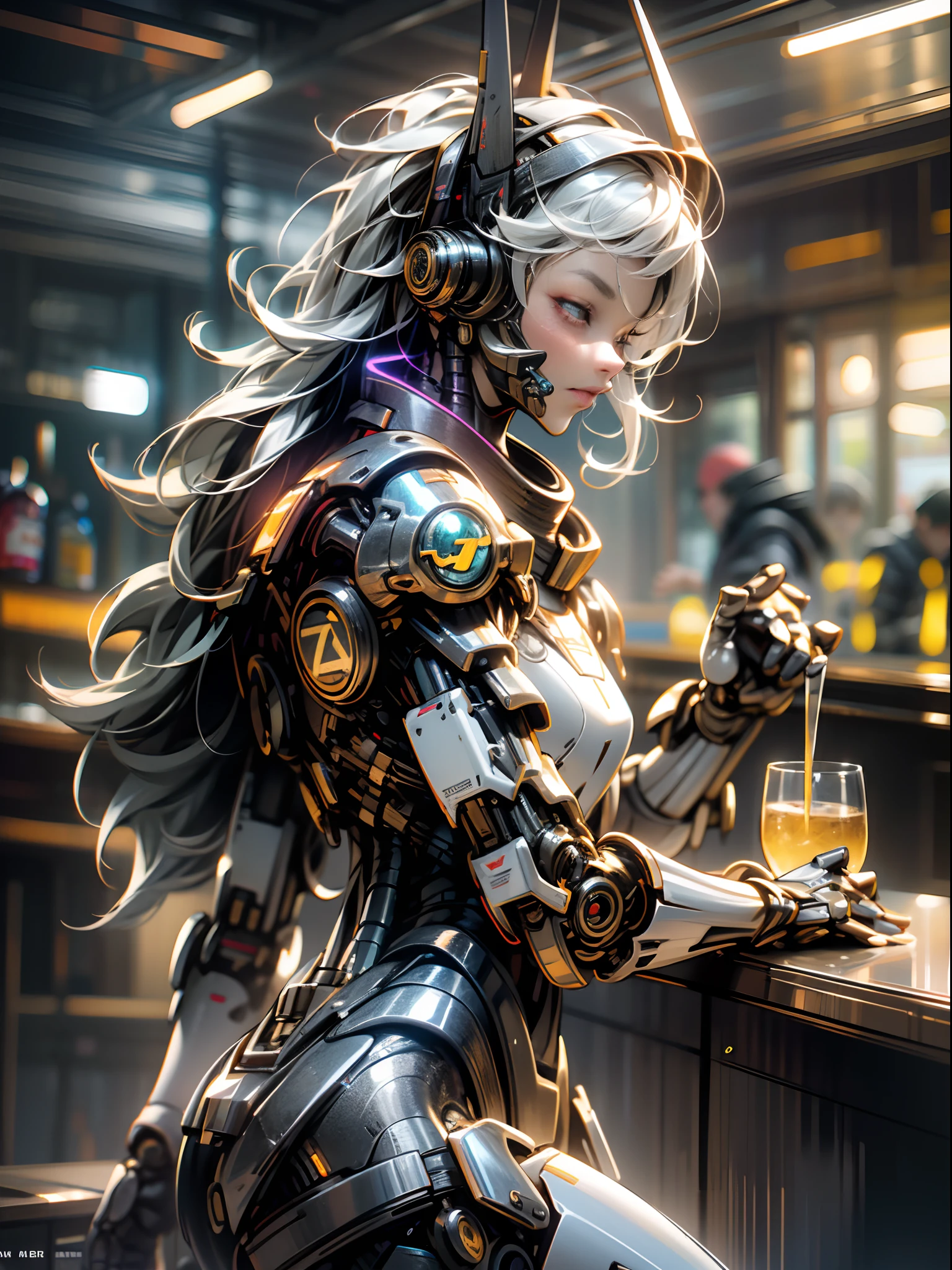 2 people,Mechanical police judge sitting at the bar,Police badge,Chat with a bartender,A glass of whiskey on the table,Highly complex armor,The bar lights are brilliant and psychedelic,hyper realisitc,cyber punk style, rendering by octane,(tmasterpiece,best qualtiy),Ultra-detailed 8K,realisticlying,Clear focus,highly detailed,profesional lighting,(lens flare glow:1.2),