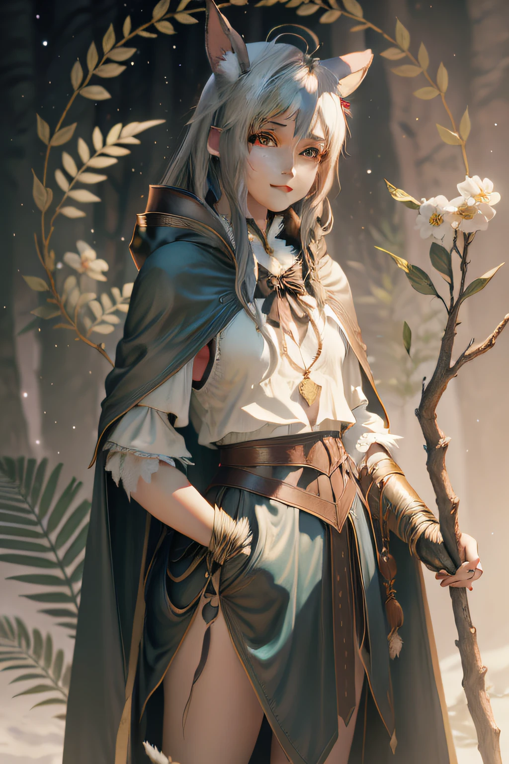 Snow-white hair，fluffy bunny ears，Elongated rabbit ears，bunny boy，Young boys，Forest natural background，Neutral and delicate face，Delicate blue-gold eyes，Leather collar, Leather cloak，He holds in one hand a long stick made of branches，Gentle smile expression，a druid，Two-dimensional rendering，ssmile