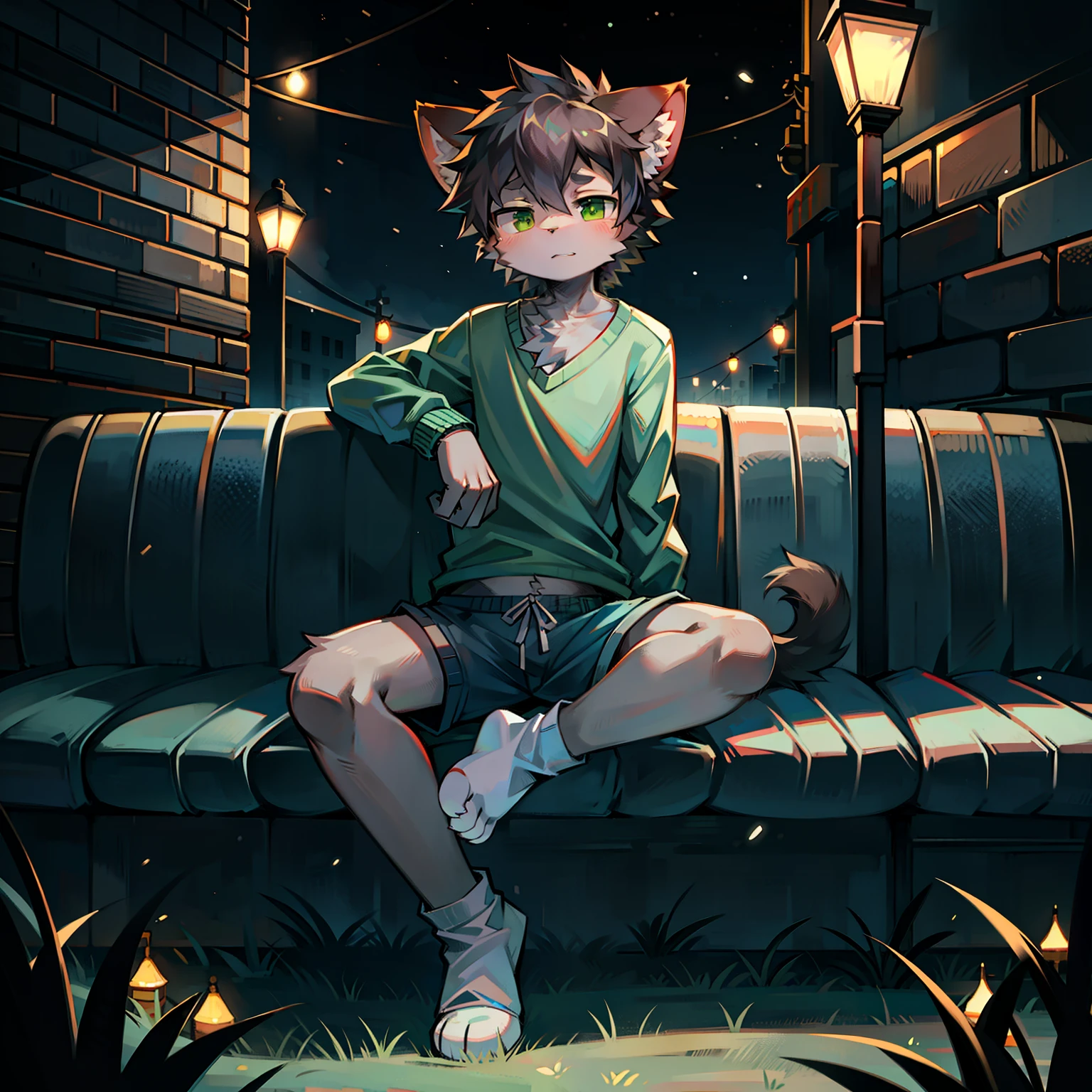 Furry,Furry cat boy,(Dark gray hair),(dark grey skin),Green eyes,Sit cross-legged on the grass,(Wear short white socks),Light blue pajamas and shorts,the night,the street lights,solo person,high high quality