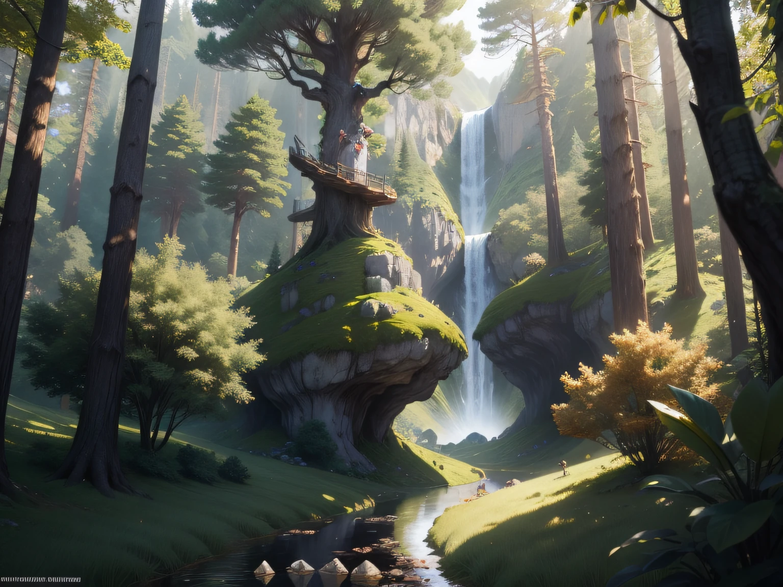 tmasterpiece，CG animation in 8K resolution，absurd res，A white-haired ape in a tree，Green mountains，Fruit trees and woods，Transparent crystal，and golds，