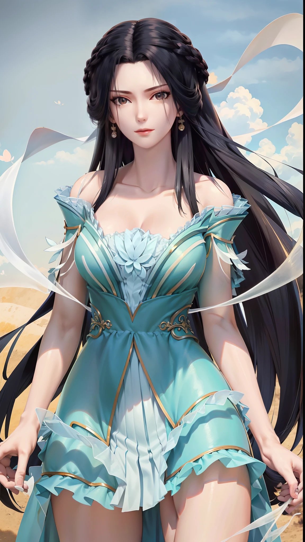 masterpiece,best quality,1girl, black hair, bare shoulders, long hair, dress,cowboy shot, dynamic pose, dynamic angle,