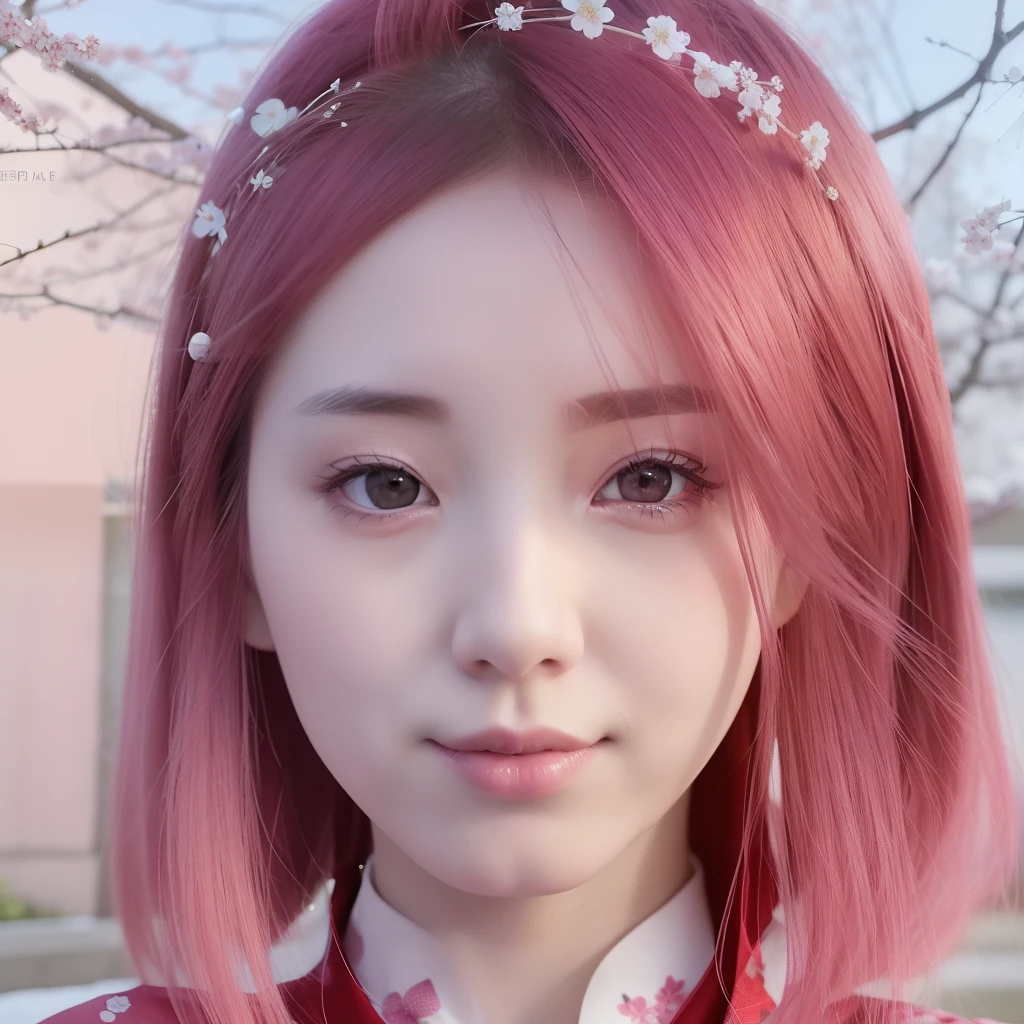Sakura uchiha. A woman was at the cherry blossom garden. She had short pink hair. Her skin was pale white like snow. Her cheeks were blushing red and her tiny pink lips. She's wearing red cheongsam. And was seen staring into the camera. She looks so beautiful and realistic