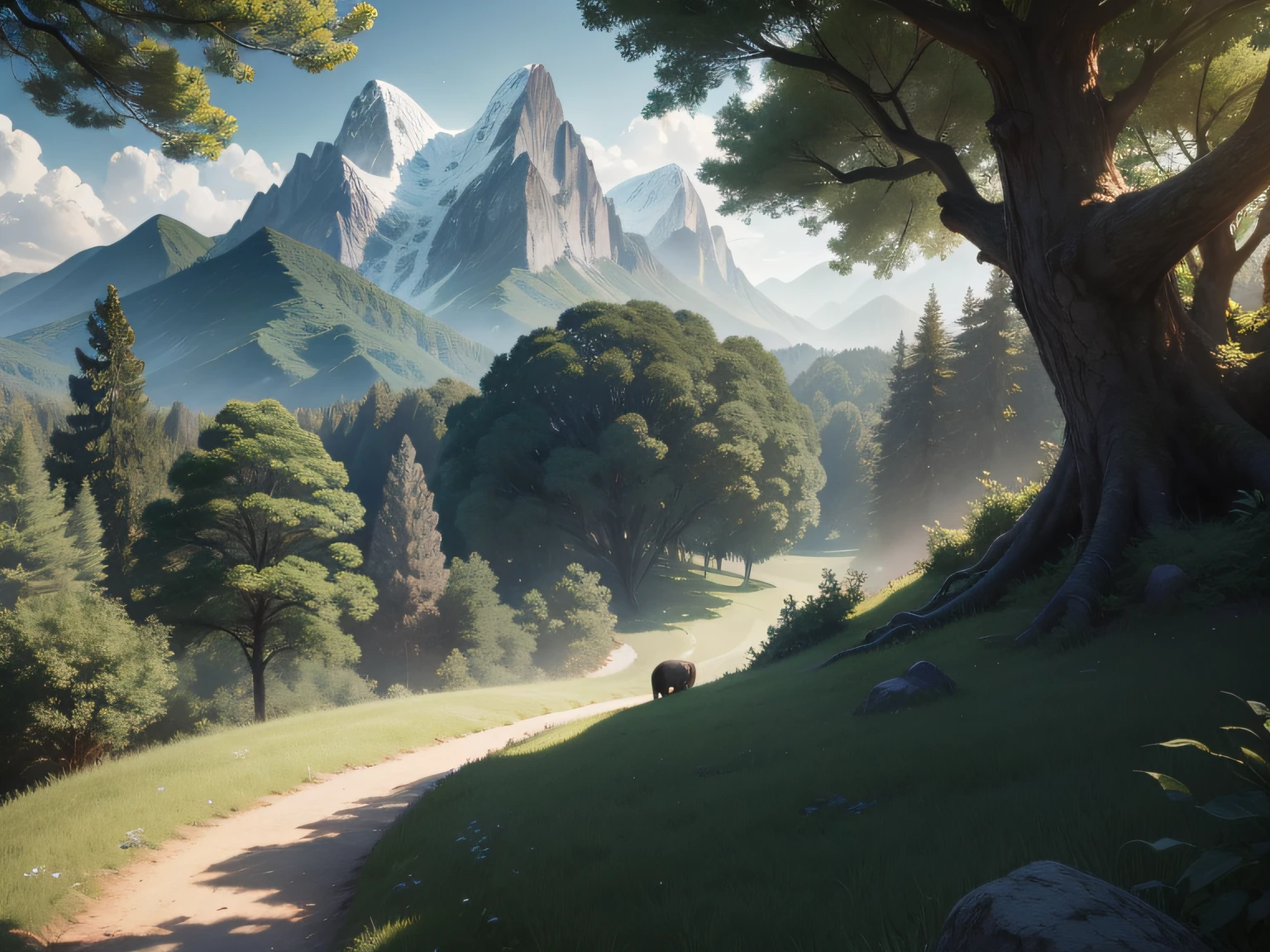 tmasterpiece,CG animation in 8K resolution,absurd res,A white-haired ape in a tree,Green mountains,Fruit trees and woods,Transparent crystal,and golds,