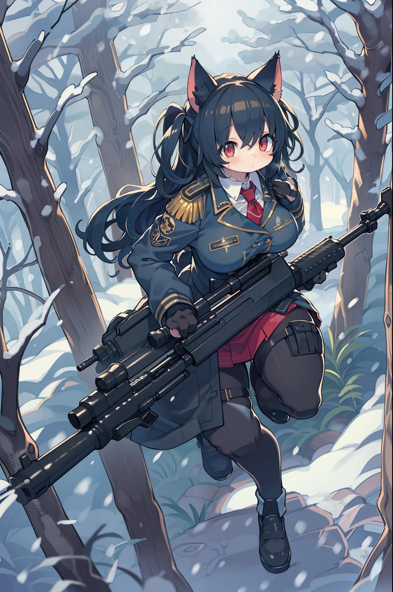 snowy forest, Black hair, Cat ears, Cat Girl, Red Eyes, As I ran, officer uniform, , Germany, Black Officer Uniform,huge-breasted、Giant Sniper Rifle、From the top、Overhead view,Very Wide Shot