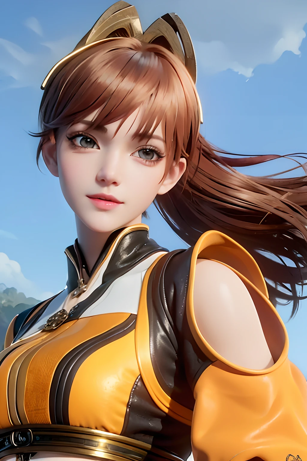 (Masterpiece, Top quality, Best quality, offcial art, Beautiful and aesthetic:1.2), (1girll), extreme detailed details,(Fractal art:1.3),Colorful,highest details, Young woman, Brown eyes majestic, with serious face, Orange hair,short detailed hair