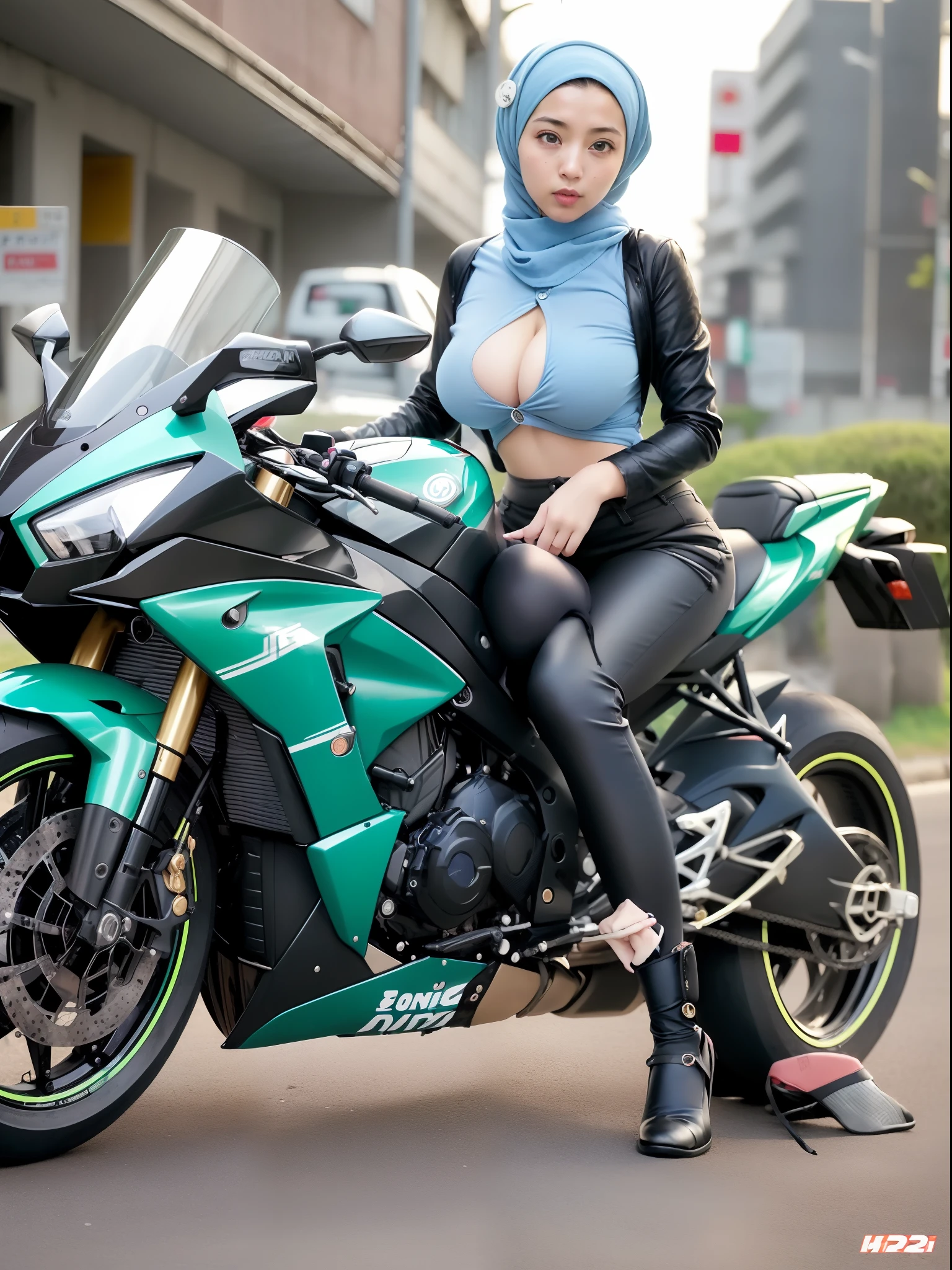 (((girl))), big boobs, wearing light blue collared shirt, buttons open chest, watch, black hijab, tight long jean pants, ecchi style, hentai, riding a motorbike Kawasaki Ninja H2R, [8k digital art]!!