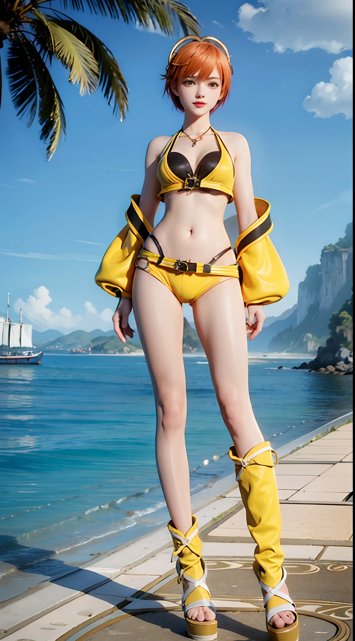 A girl, Orange hair,short detailed hair,ocean water,sea beach, (Yellow bikini: 1.6), palmeiras, Coconut Tree, Solo,best qualtiy,Masterpiece,Golden ratio composition