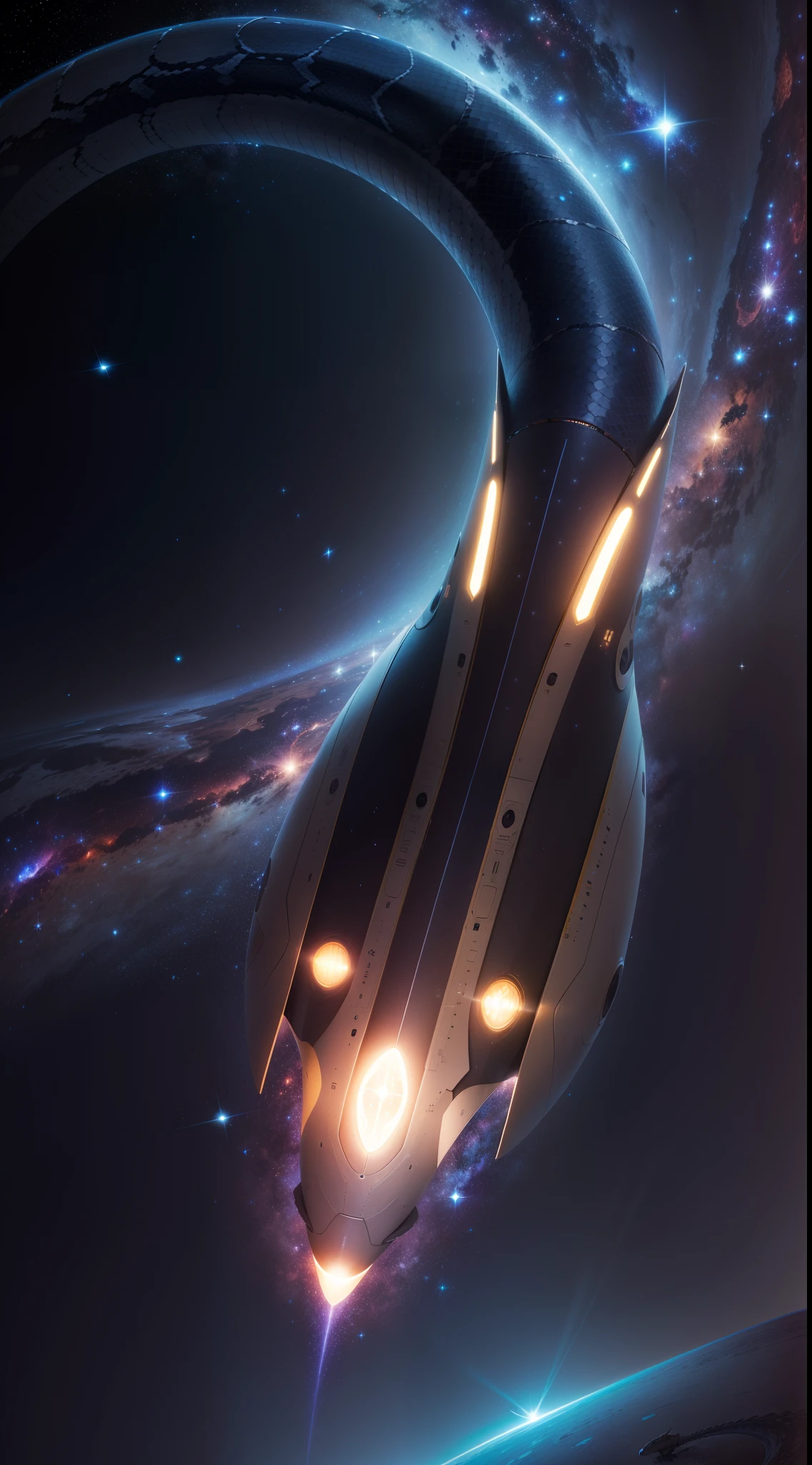 An awe-inspiring elongated spaceship, slithering through the vast cosmos like a snake, emitting a mesmerizing mirroring glow, surrounded by swirling stardust and shining stars.