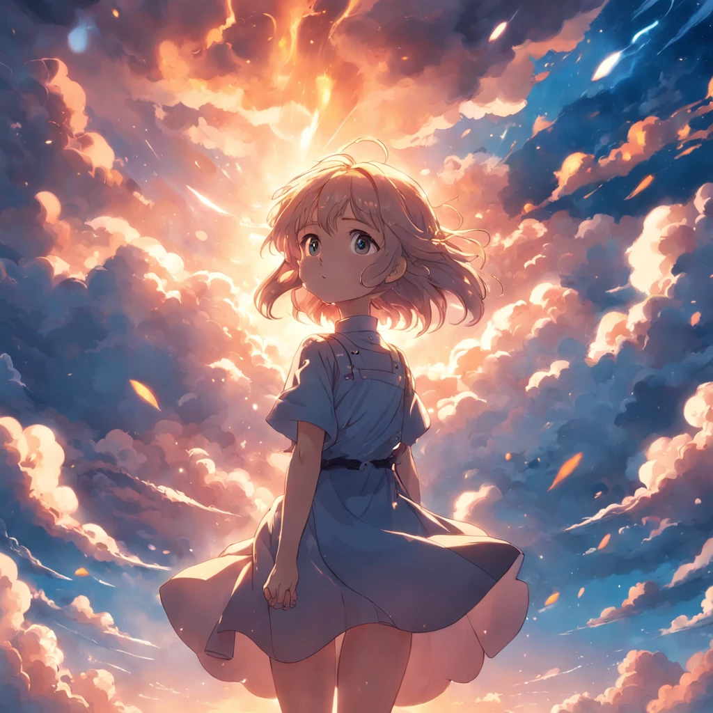 masterpiece, best quality, movie still, 1girl, cloud girl, floating in the sky, close-up, bright, happy, warm soft lighting, sunset, (sparks:0.7)