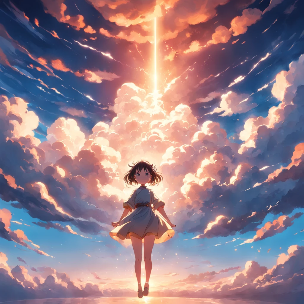 Masterpiece, Best Quality, Movie Stills, 1girl, Cloud Boy, Floating in the Sky, Close-up, Bright, Happy, Warm Soft Lights, Sunset, (Sparkle: 0.7)