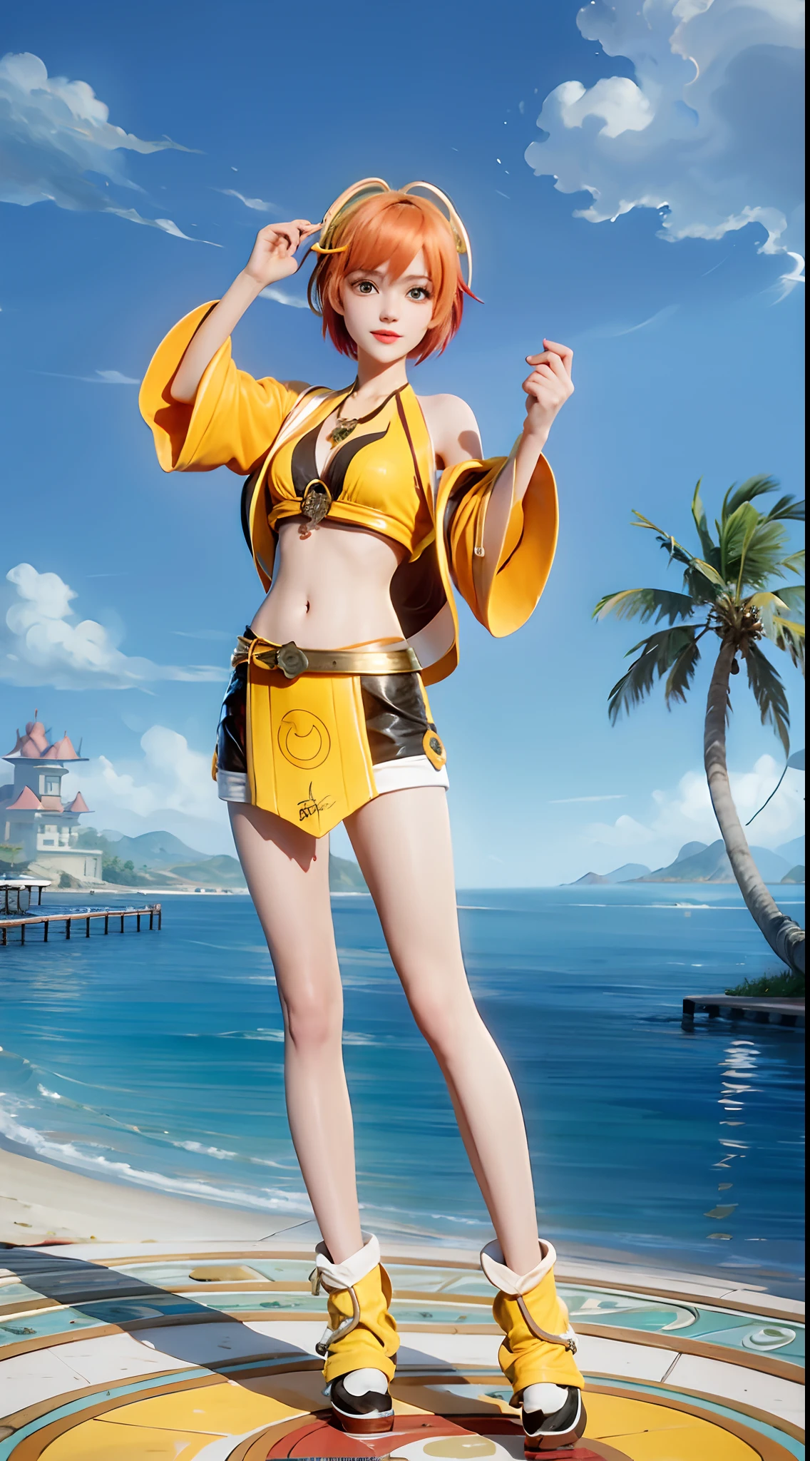 A girl, Orange hair,Short hair,ocean water, beach, (Yellow bikini: 1.6), palm tree, Coconut Tree, Solo,