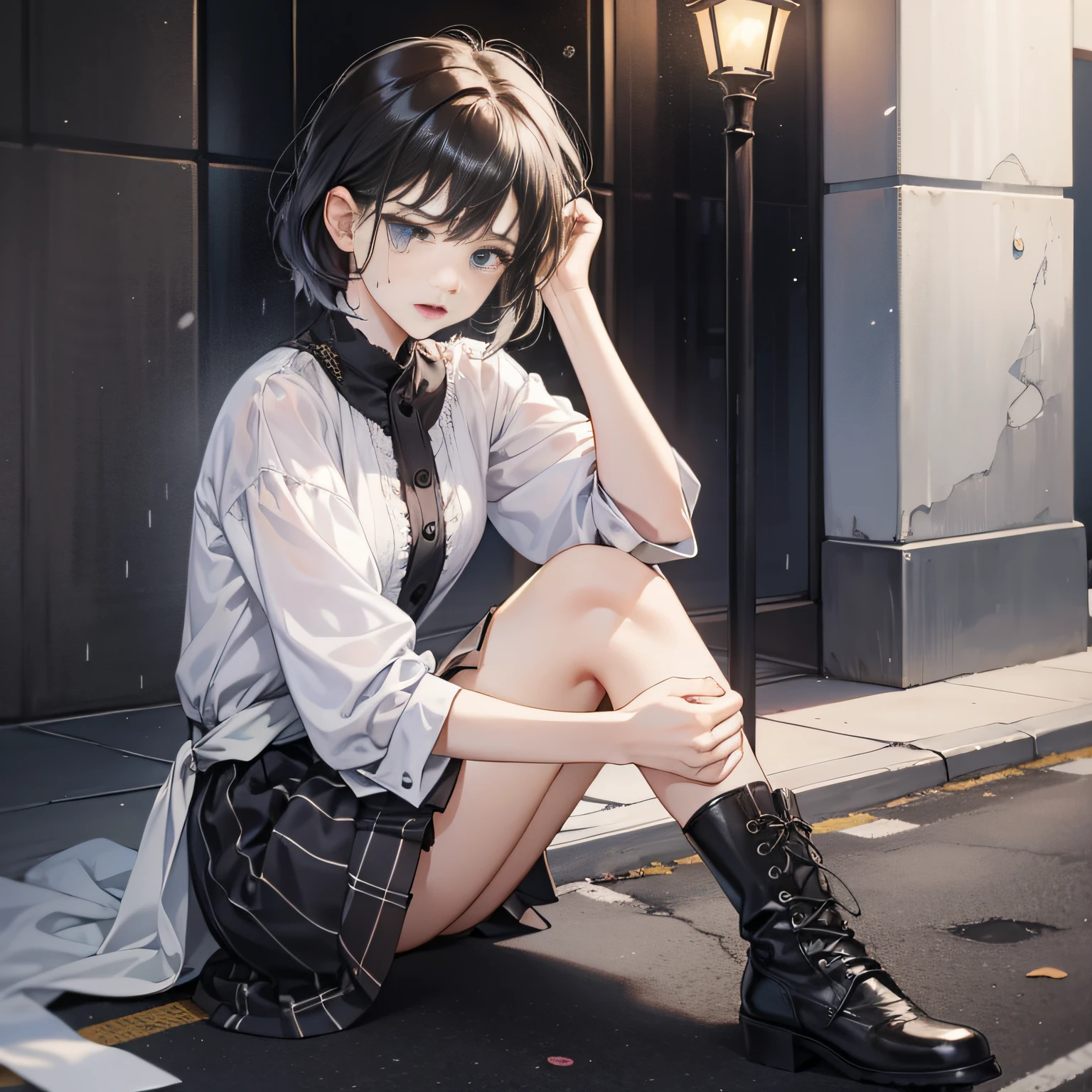 tmasterpiece，high high quality，Best quality at best，k hd，详细的脸，Detailed body，1 woman，with short black hair，whitet-shirt，(Saddened expression:1.5)，(The face is sad:1.5)，（Leaning sideways on a streetlight：1.3），（sat on the ground：1.2），Looks engaged，Off the street，The weather is gloomy，（and it was raining lightly：1.2），（is wearing  dress：1.3），