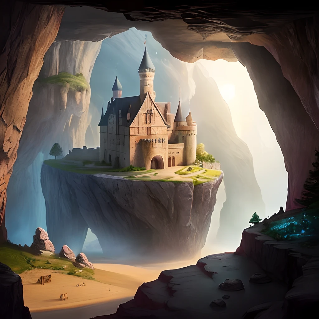Realistic castle located inside a cave with a magical glow surrounding the castle