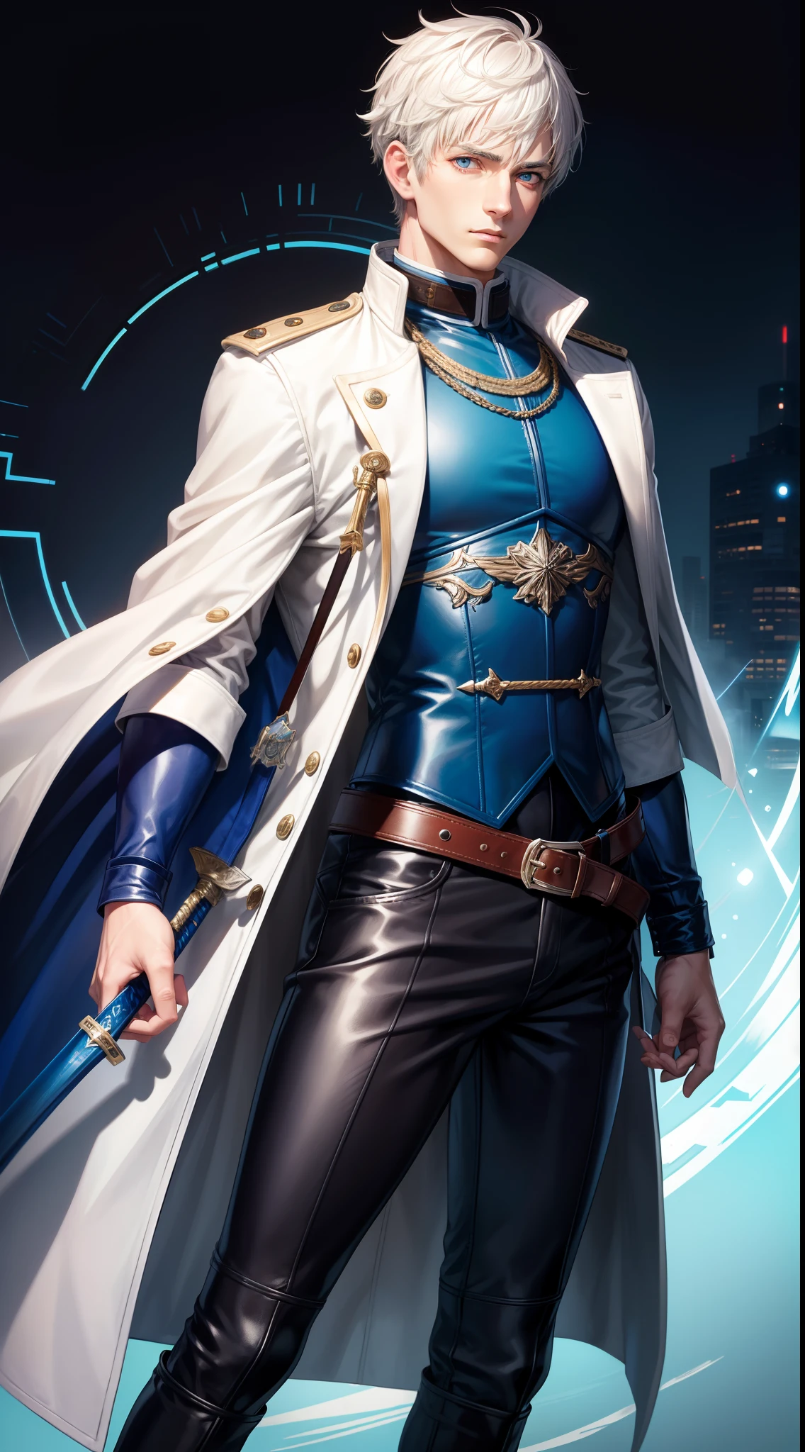 Grown-up guy, short white hair, eyes with blue color, Blue leather coat, belts, circuits, breeches, two swords, Masterpiece, hiquality