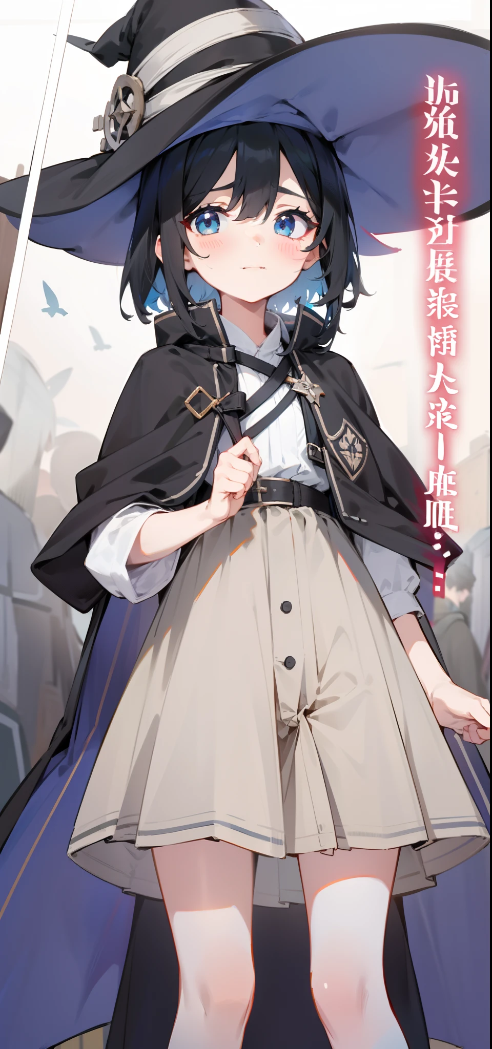 A girl of about 。Neat short black hair、The pupil color is blue-green、neutral face,She wears a black cloak, Wear a white shirt and a plaid skirt。