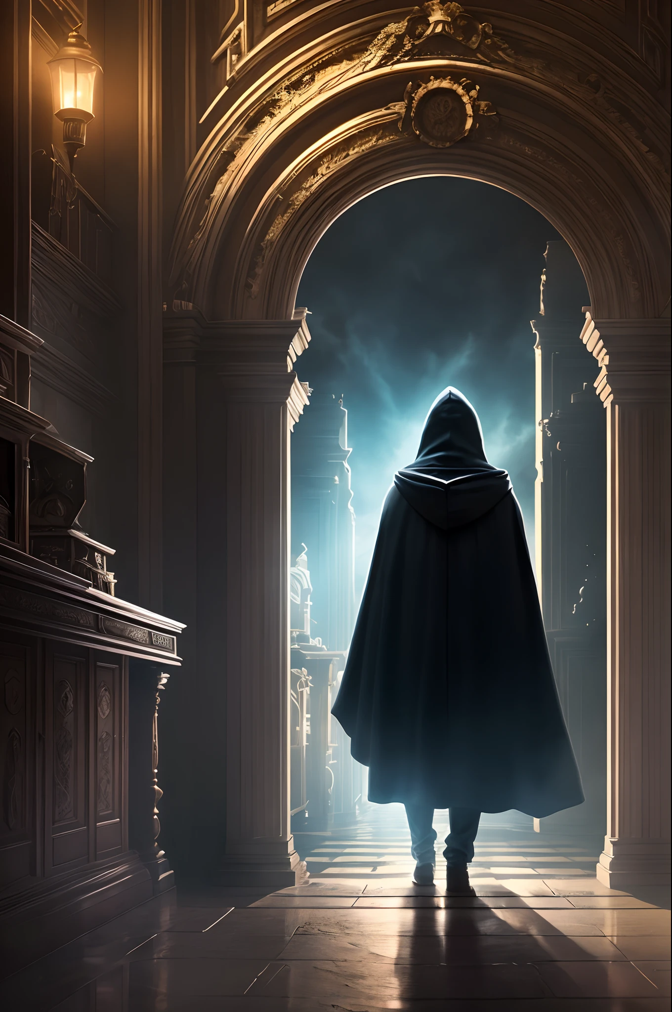 a hooded figure in a cloak standing in heaven made of cloud, front of gates of heaven, behind a register, heavenly, supersharp, cinematic, lighting --auto --s2